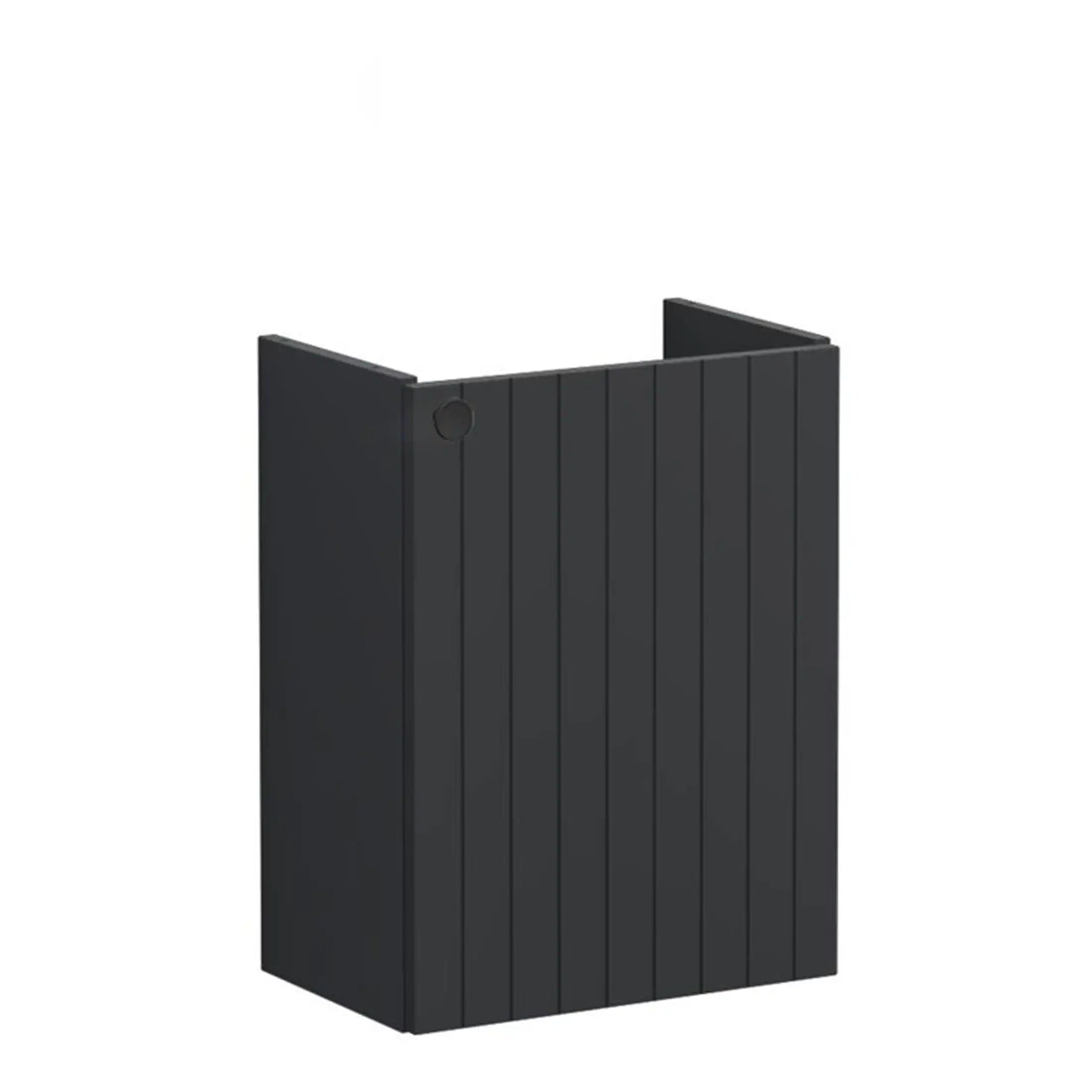 Durable black wooden bathroom waste bin with vertical slat design, ideal for modern bathrooms. Compact and functional storage solution for bathroom waste disposal.