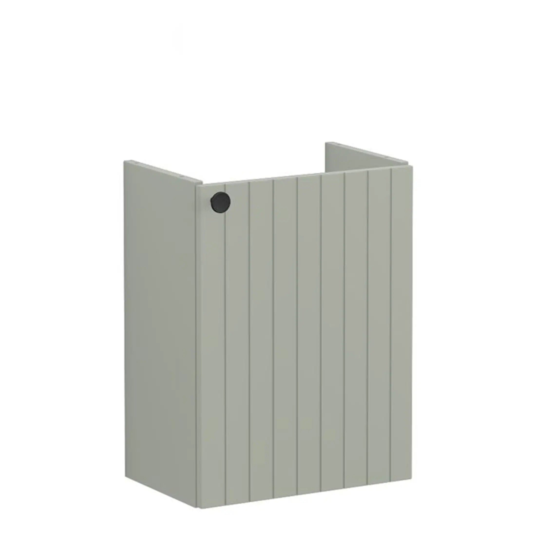 Stylish grey wooden bathroom shower screen with vertical slat design, ideal for modern bathroom decor and waterproof protection.