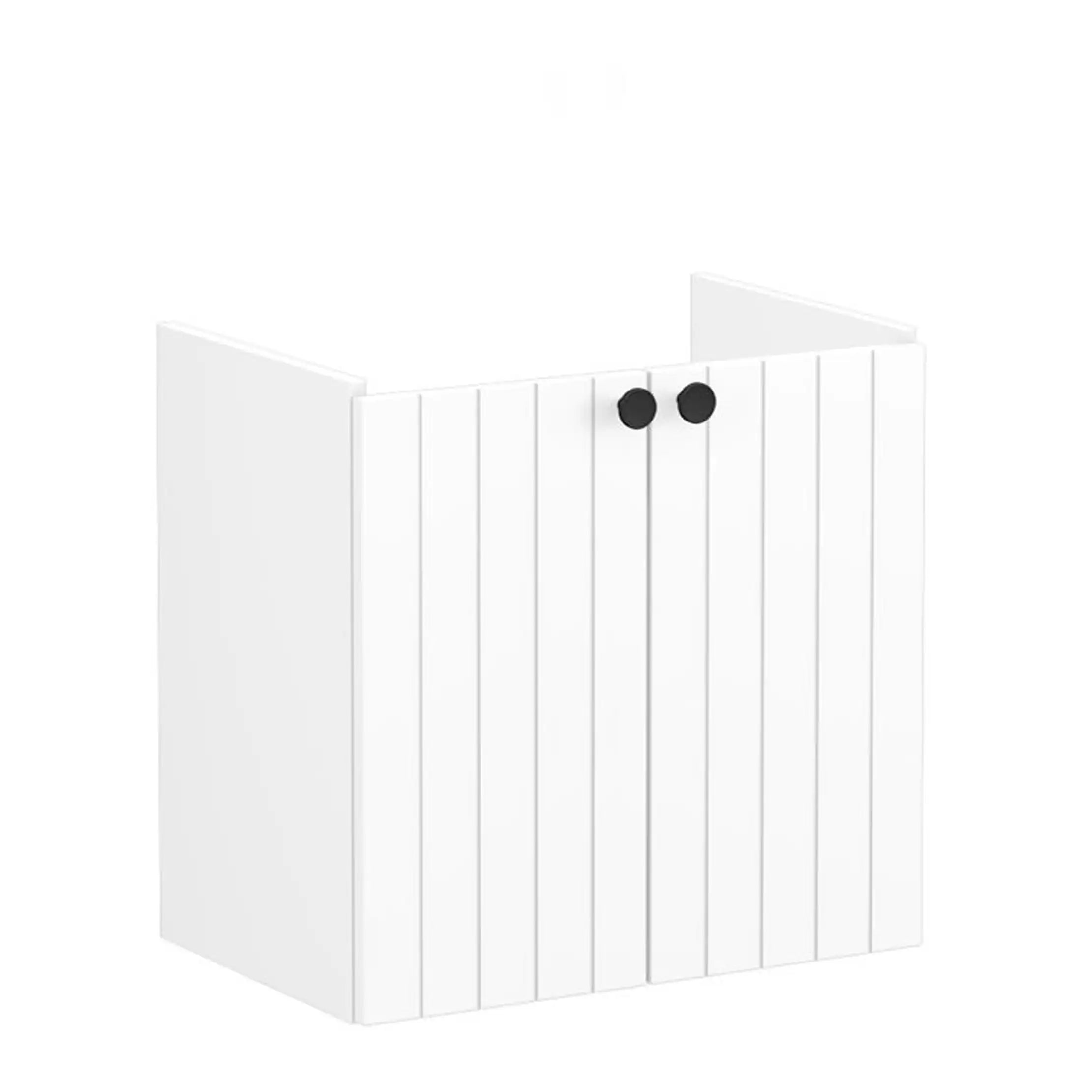 Modern white bathroom cabinet with vertical slats and black round knobs, ideal for bathroom storage solutions and contemporary bathroom furniture.