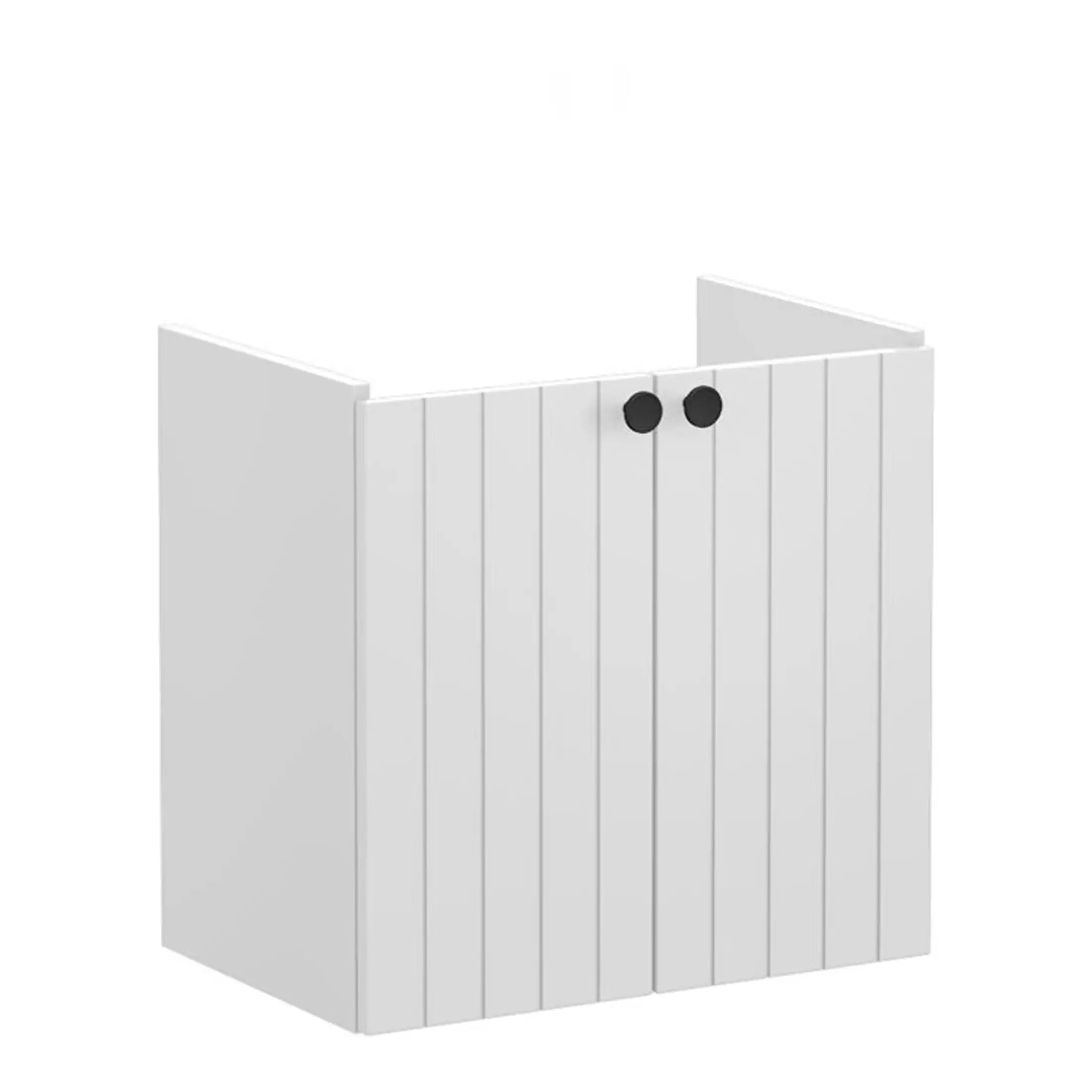 Stylish white bathroom vanity cabinet with vertical panel design and black round handles, ideal for modern bathroom storage solutions. Perfect for a sleek, clean look in contemporary bathroom interiors.