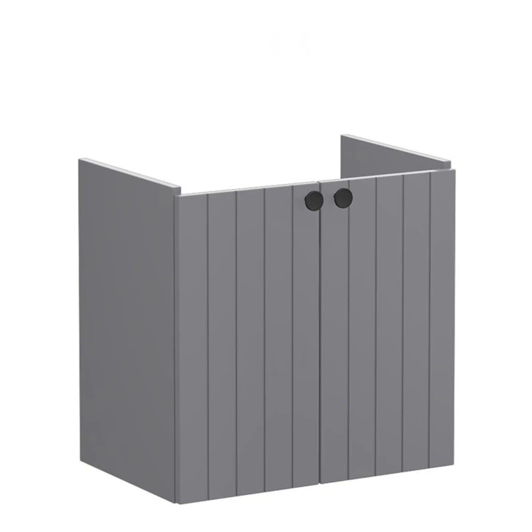 Sleek grey bathroom storage cabinet with vertical panel design and rounded black handles, ideal for modern and functional bathroom organisation.