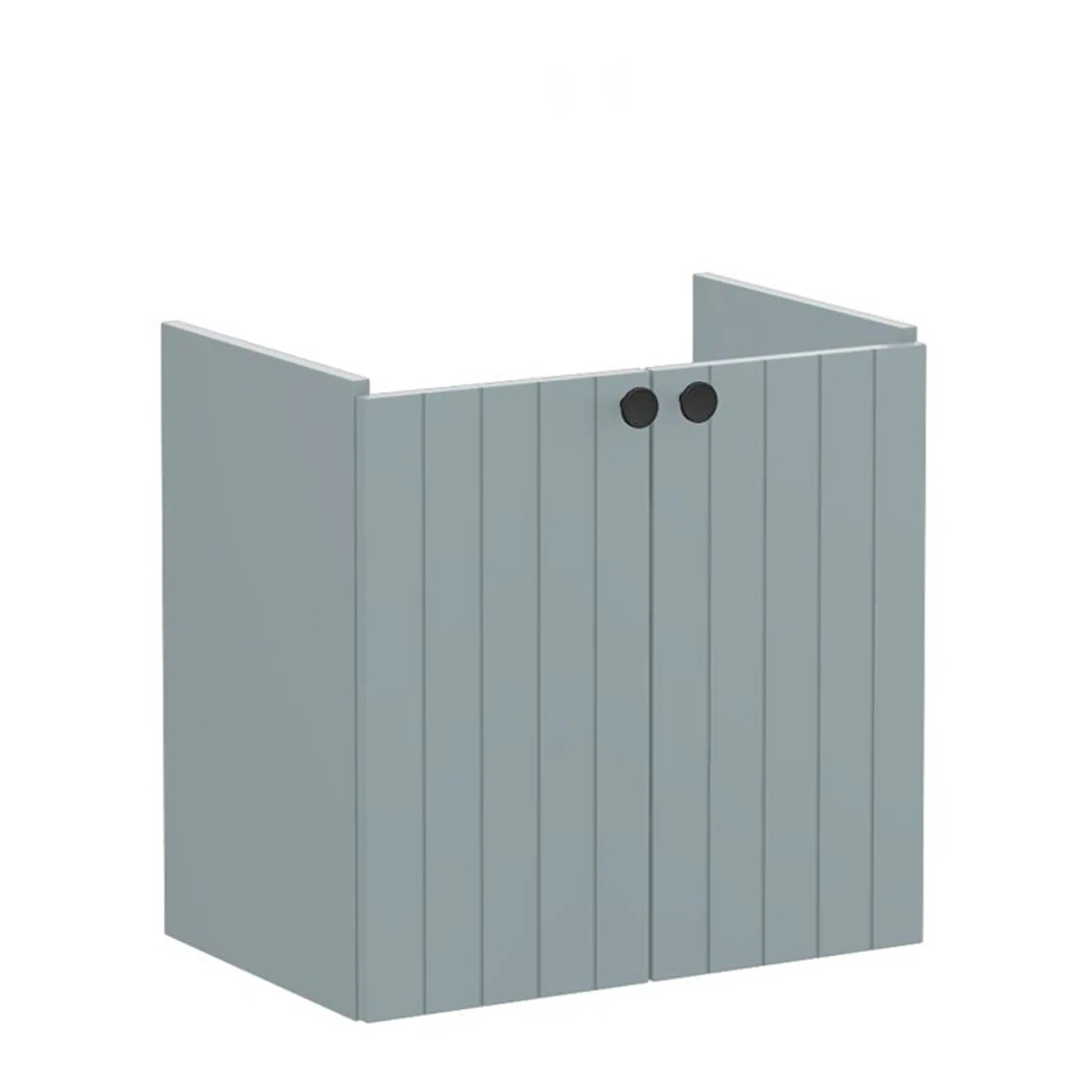 Modern grey bathroom cabinet with vertical panel design and round black handles, ideal for contemporary bathroom storage solutions.