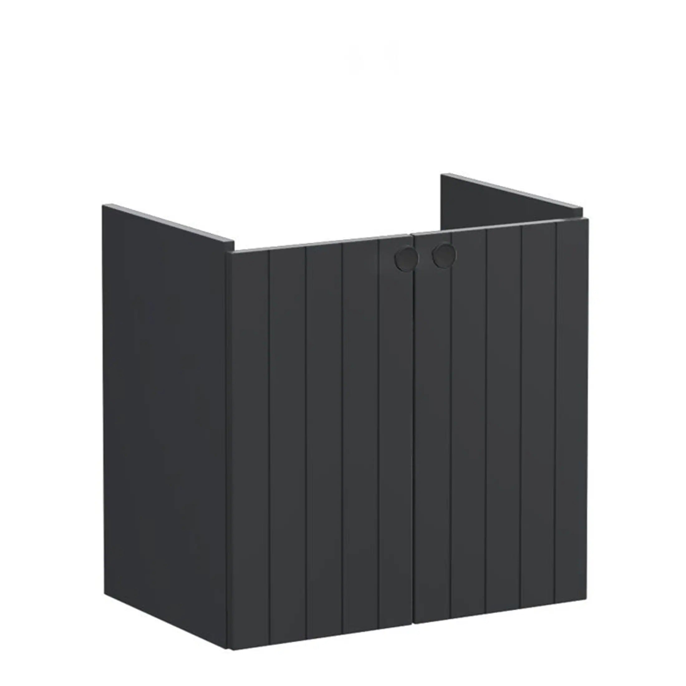 Modern black wooden bathroom cabinet with double doors, ideal for stylish and functional bathroom storage solutions. Chic design complements contemporary bathroom interiors.