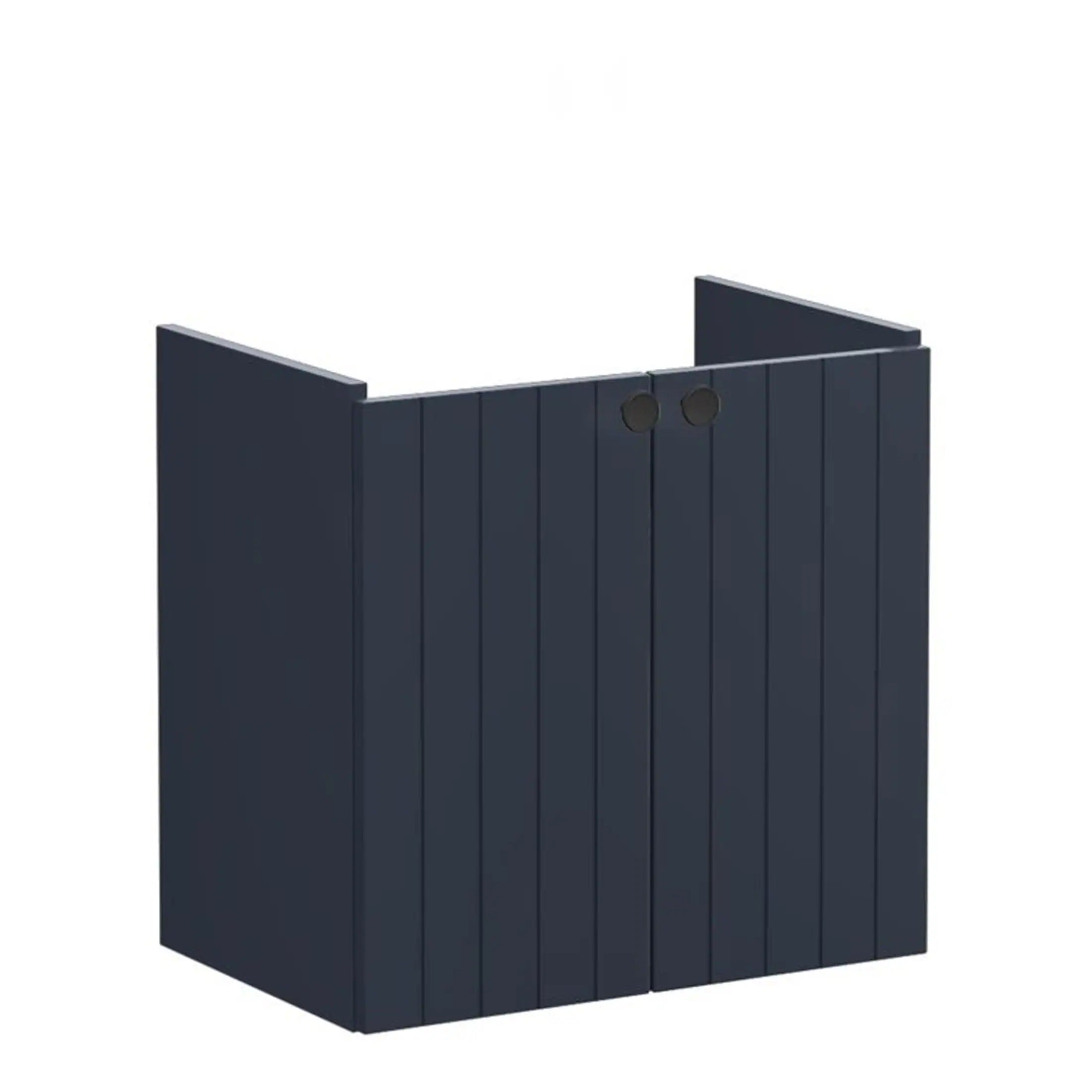 Solid navy blue bathroom cabinet with vertical panel detailing, designed for modern bathroom storage solutions. Perfect for creating a stylish and organised space.