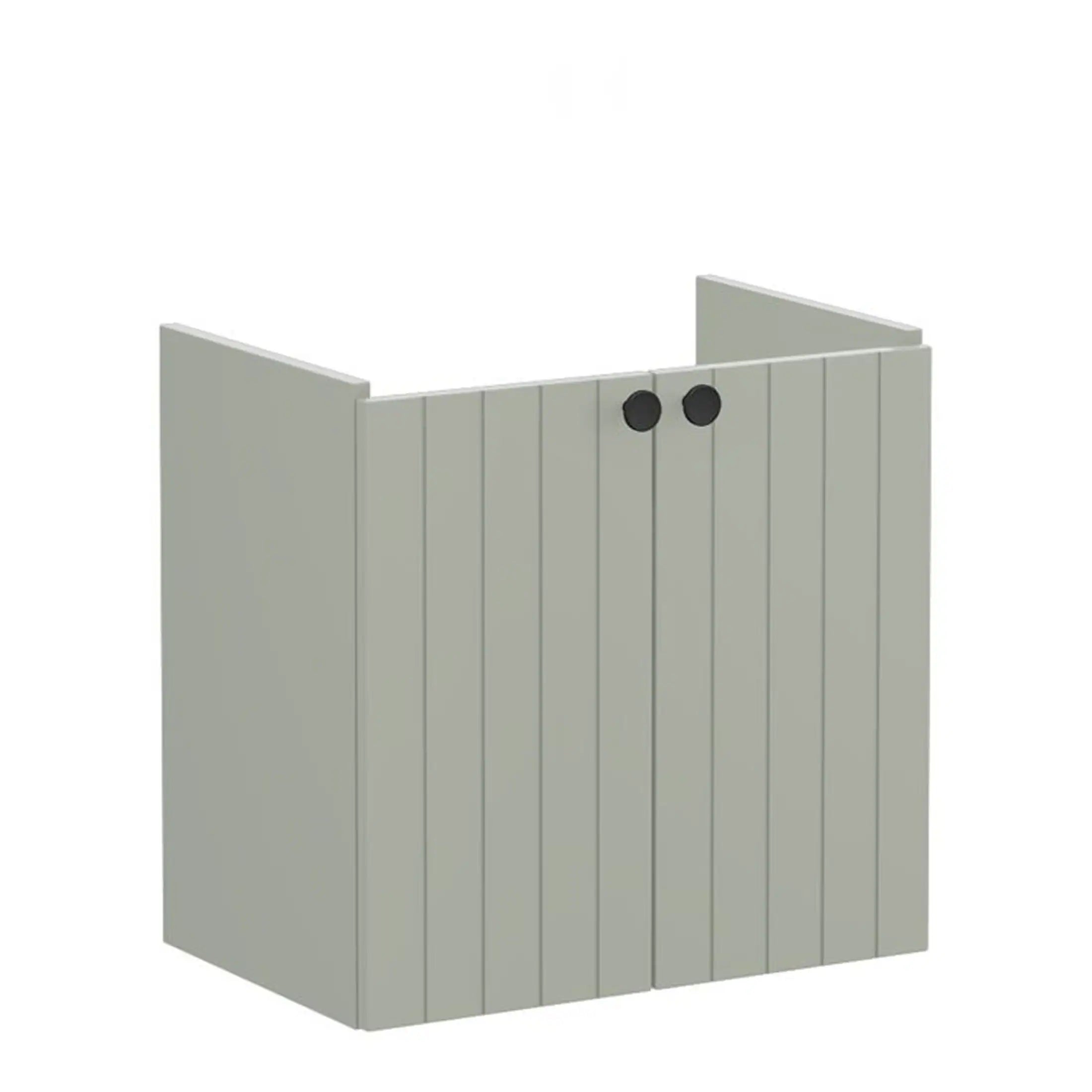 Sliding bathroom cabinet with vertical panel design, grey finish, and black round handles, perfect for modern bathroom storage solutions.