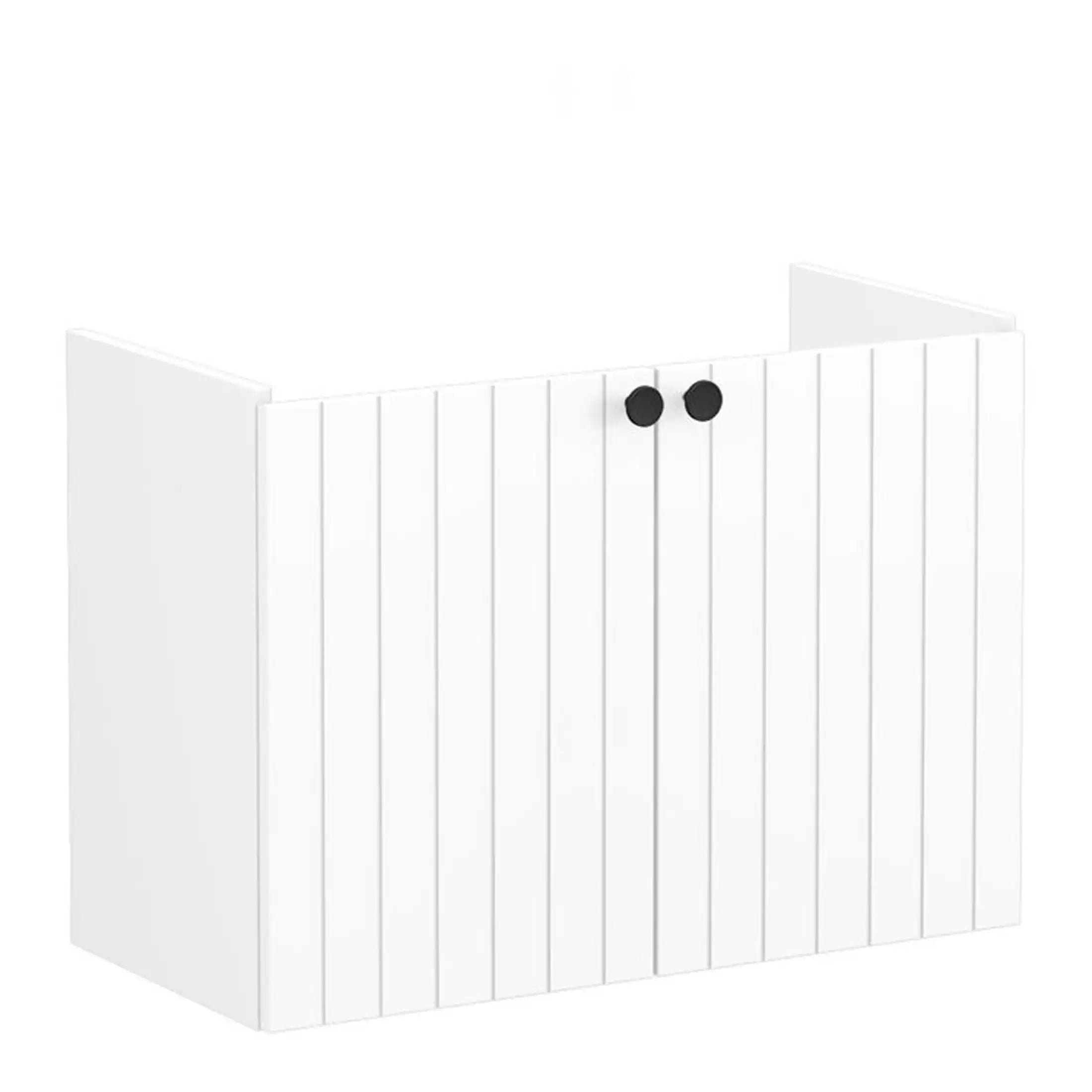 White wooden bathroom vanity storage cabinet with black round knobs, designed for modern bathroom organisation and countertop space. Perfect for creating a sleek, minimalist bathroom look.