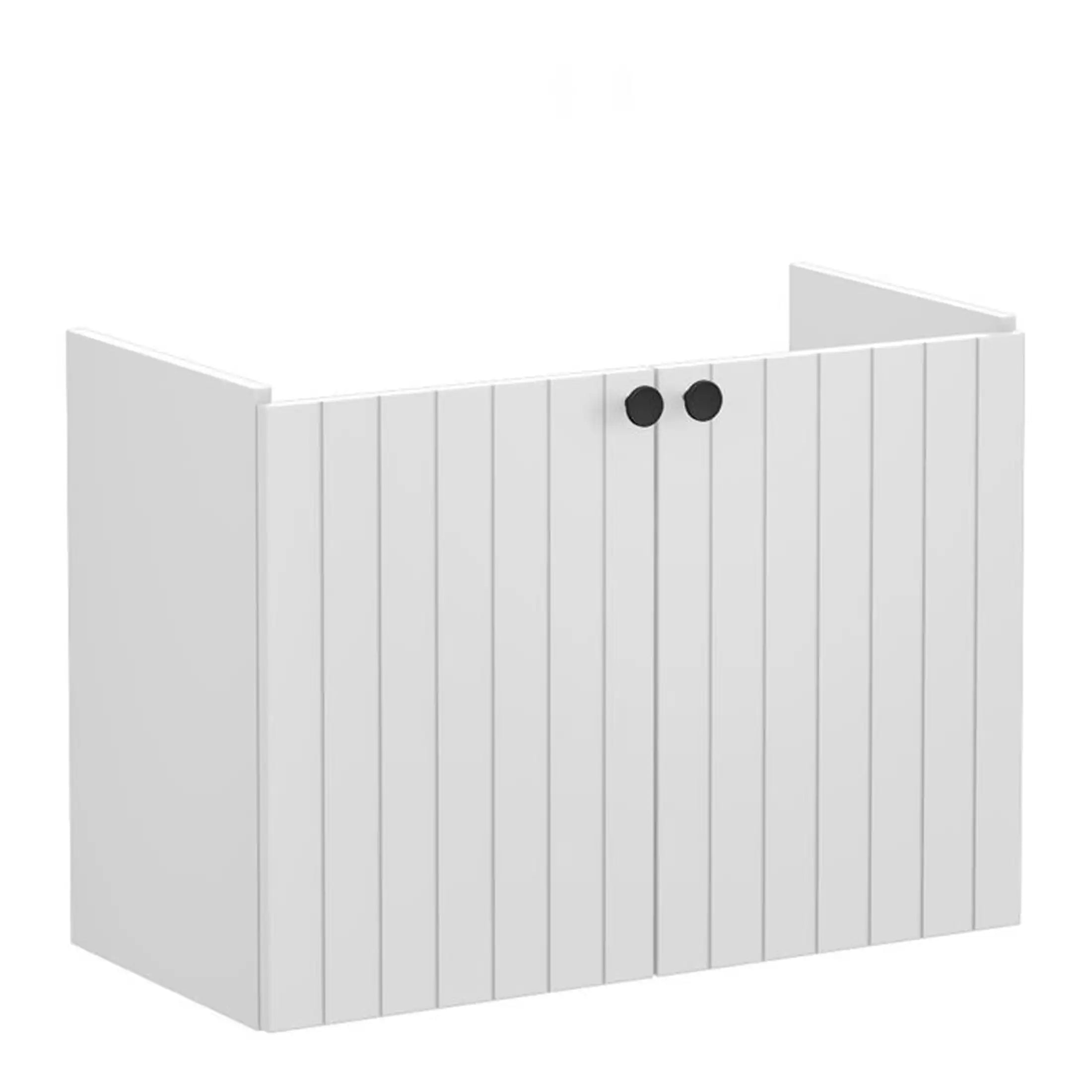 Elegant white bathroom timber storage cabinet with vertical slats, featuring modern black handles, perfect for stylish and functional bathroom organisation.