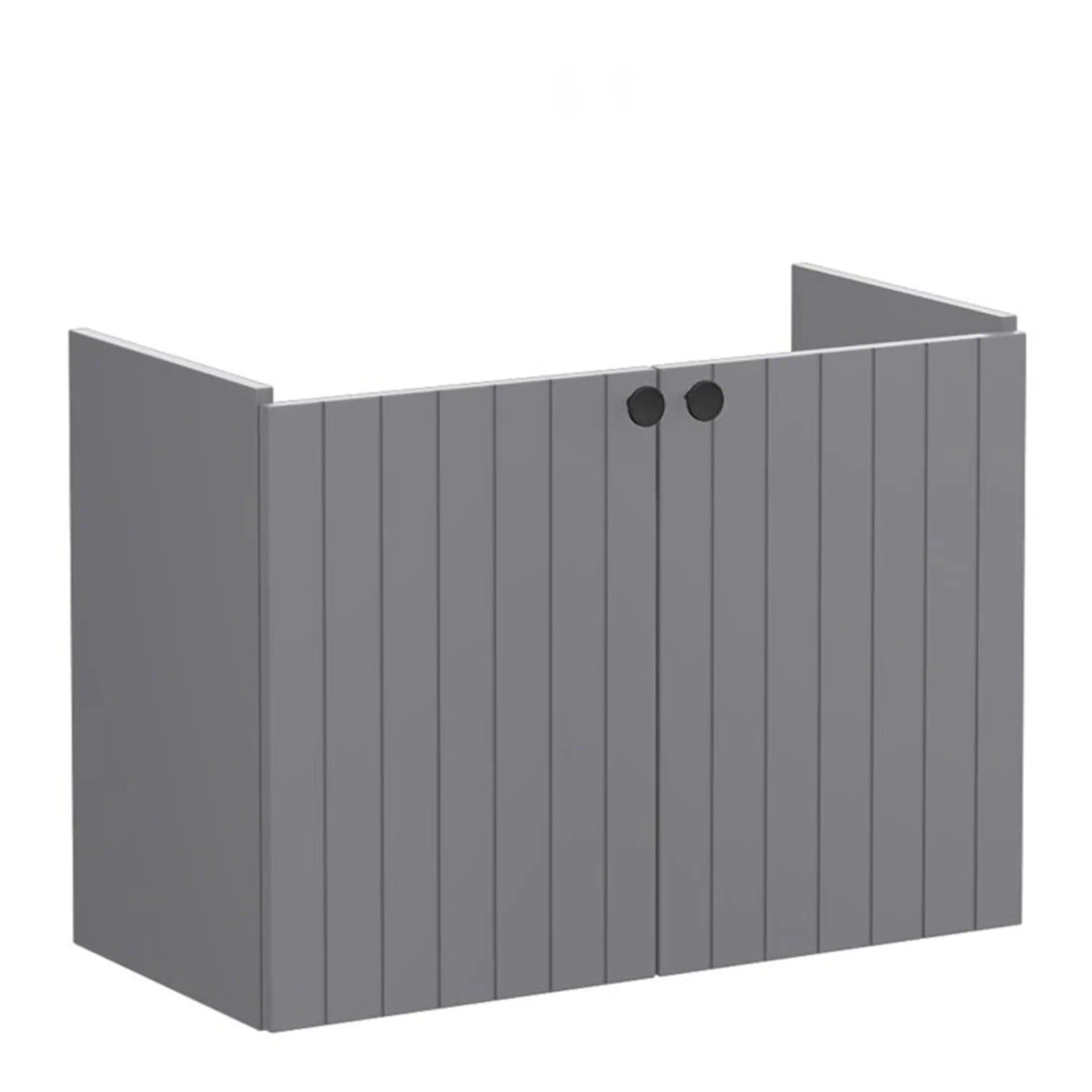 Frosted grey bathroom shower screen with vertical slats and black fixing hooks, designed for modern bathroom decor and functionality.