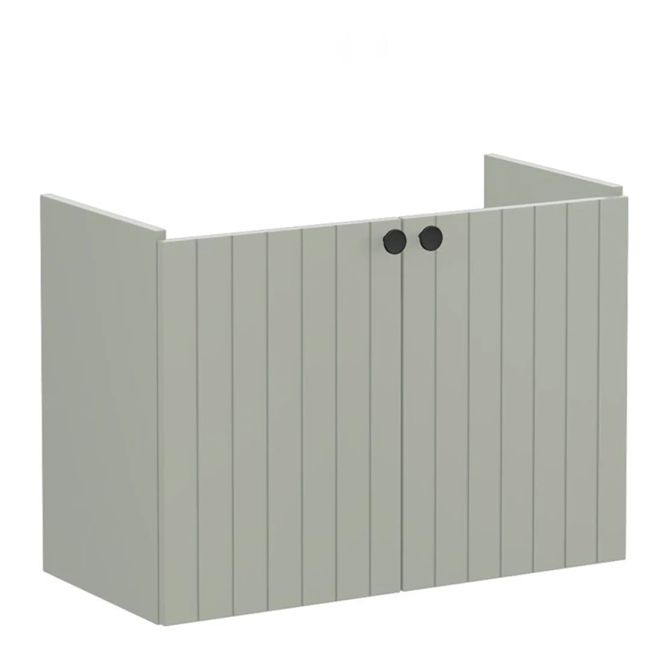 Light grey wooden bathroom privacy screen with vertical slats and black circular handles, ideal for creating a stylish, functional division in modern bathrooms.