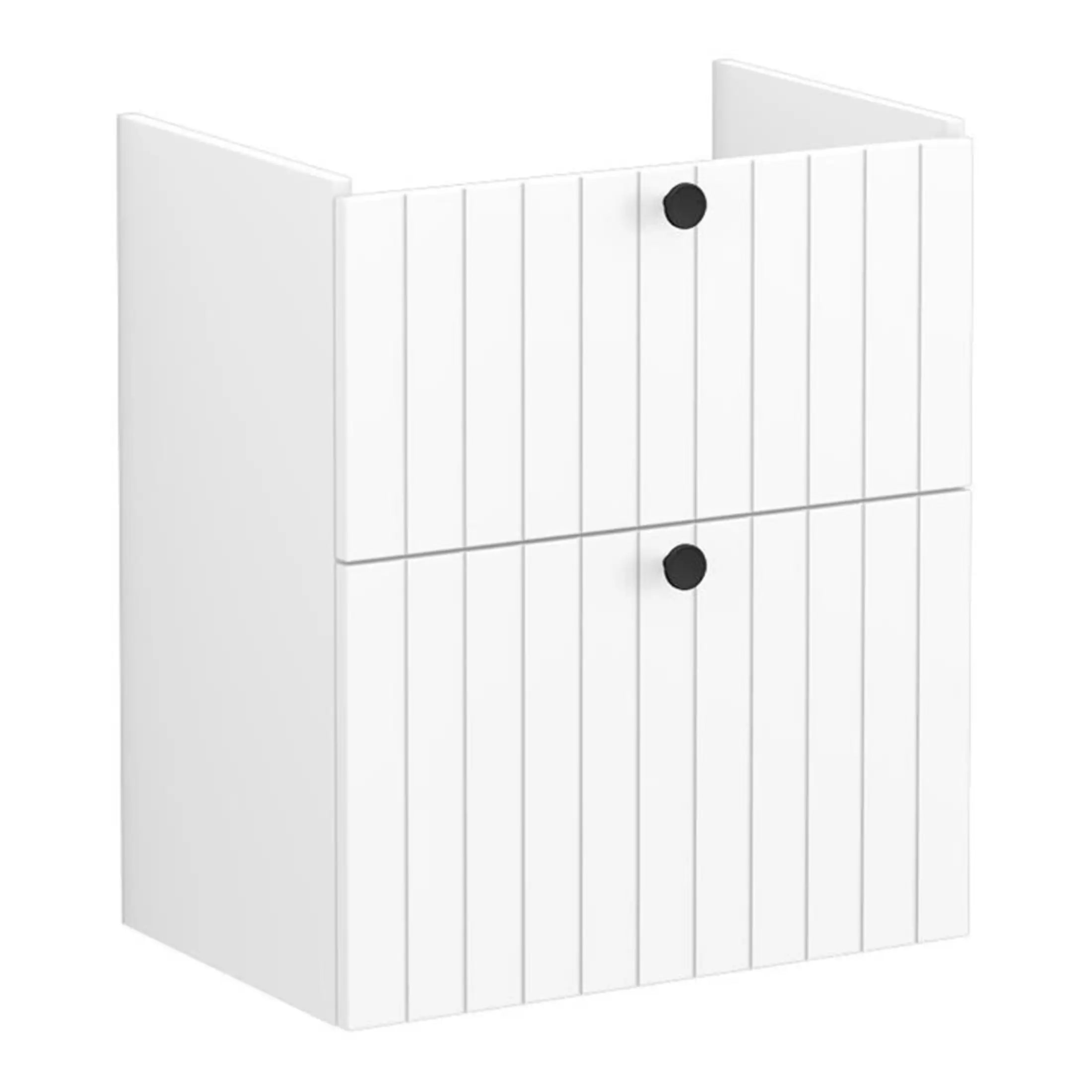 Stylish white bathroom cabinet with vertical slats and black circular handles, ideal for modern bathroom storage and organisation. Durable and sleek design perfect for contemporary bathroom interiors.