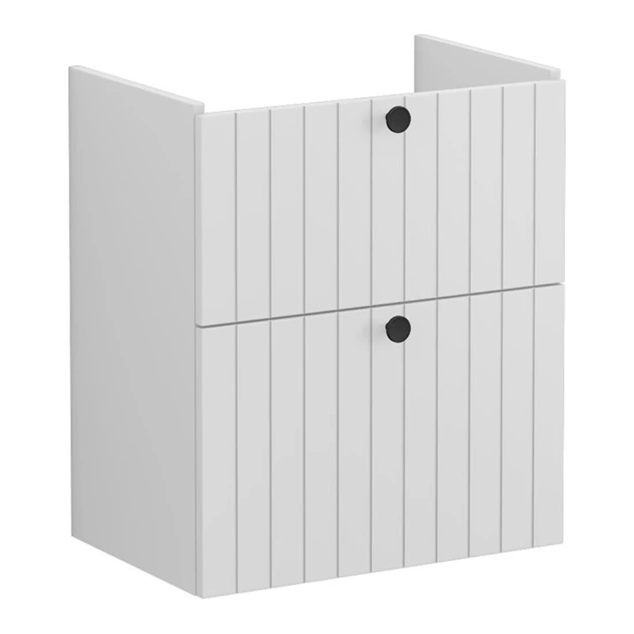 Versatile white wooden bathroom storage cabinet with two doors and black round handles, ideal for organising toiletries and keeping bathrooms tidy. Perfect for modern bathroom interiors.