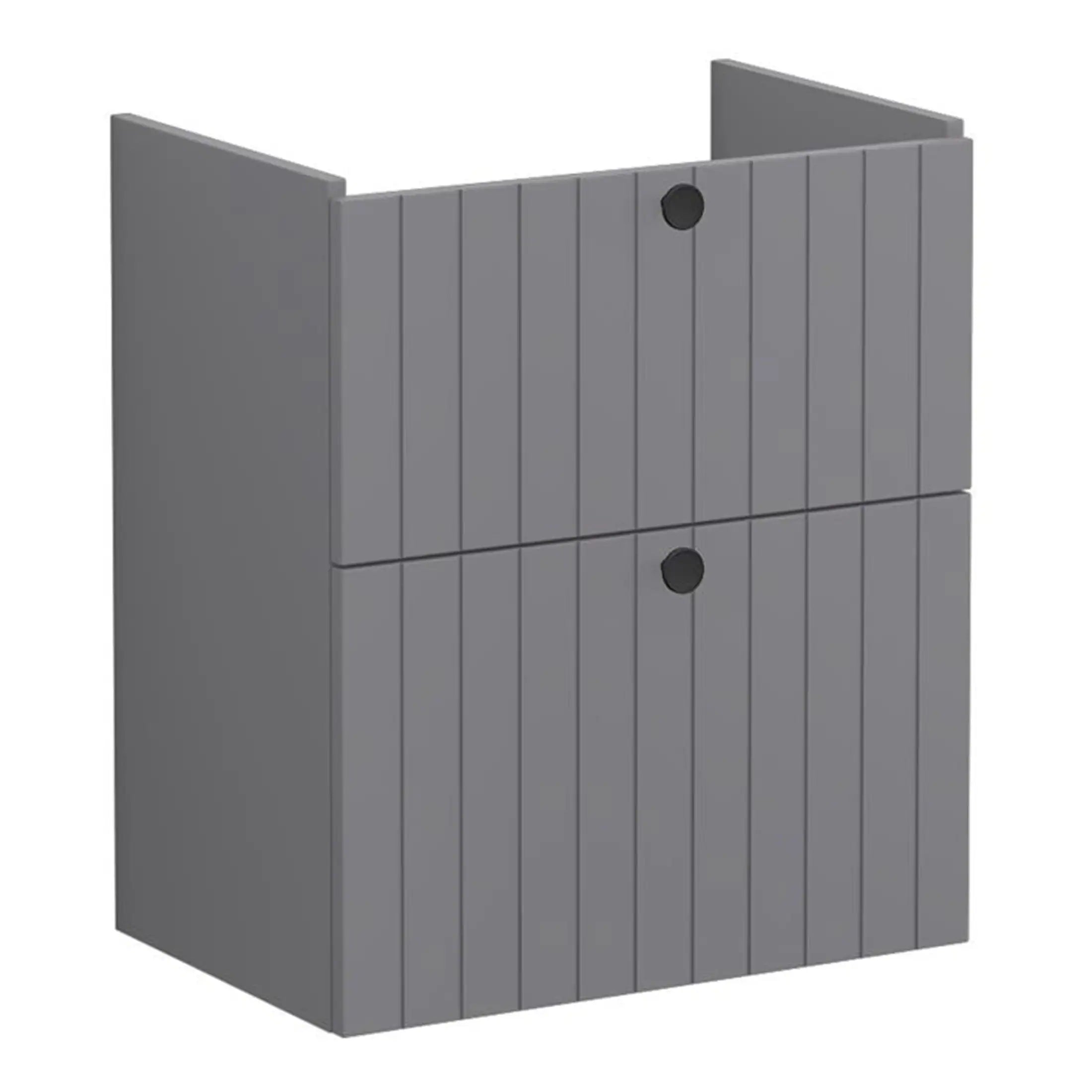 Grey wooden bathroom cabinet with vertical slats and black circular handles, designed for bathroom storage and organisation. Perfect for modern bathroom spaces.