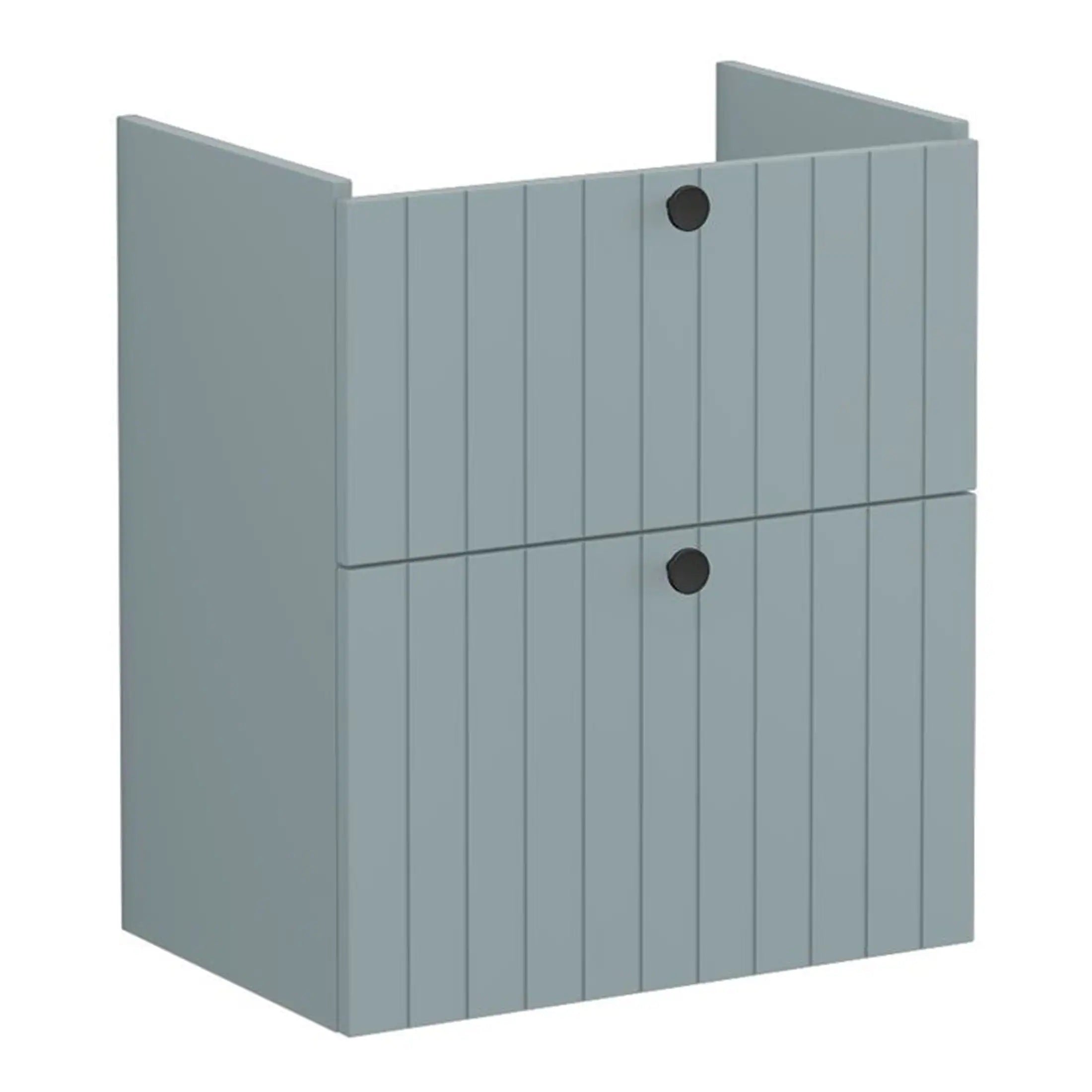 Light grey wooden bathroom storage cabinet with two doors and black handles, ideal for modern bathroom organisation.