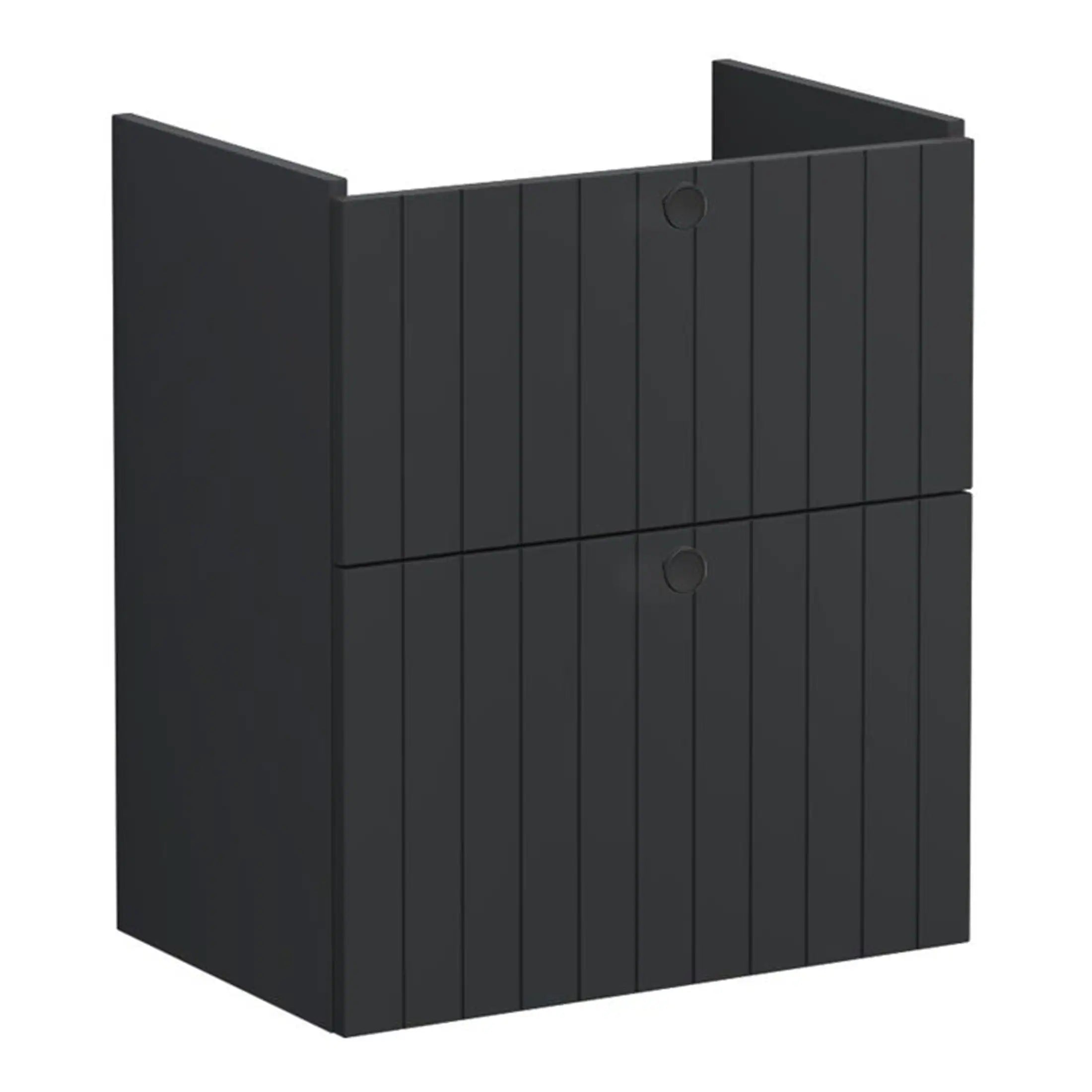 Contemporary black storage cabinet for modern bathrooms with vertical slatted design and durable build, ideal for organising toiletries and bathroom essentials.
