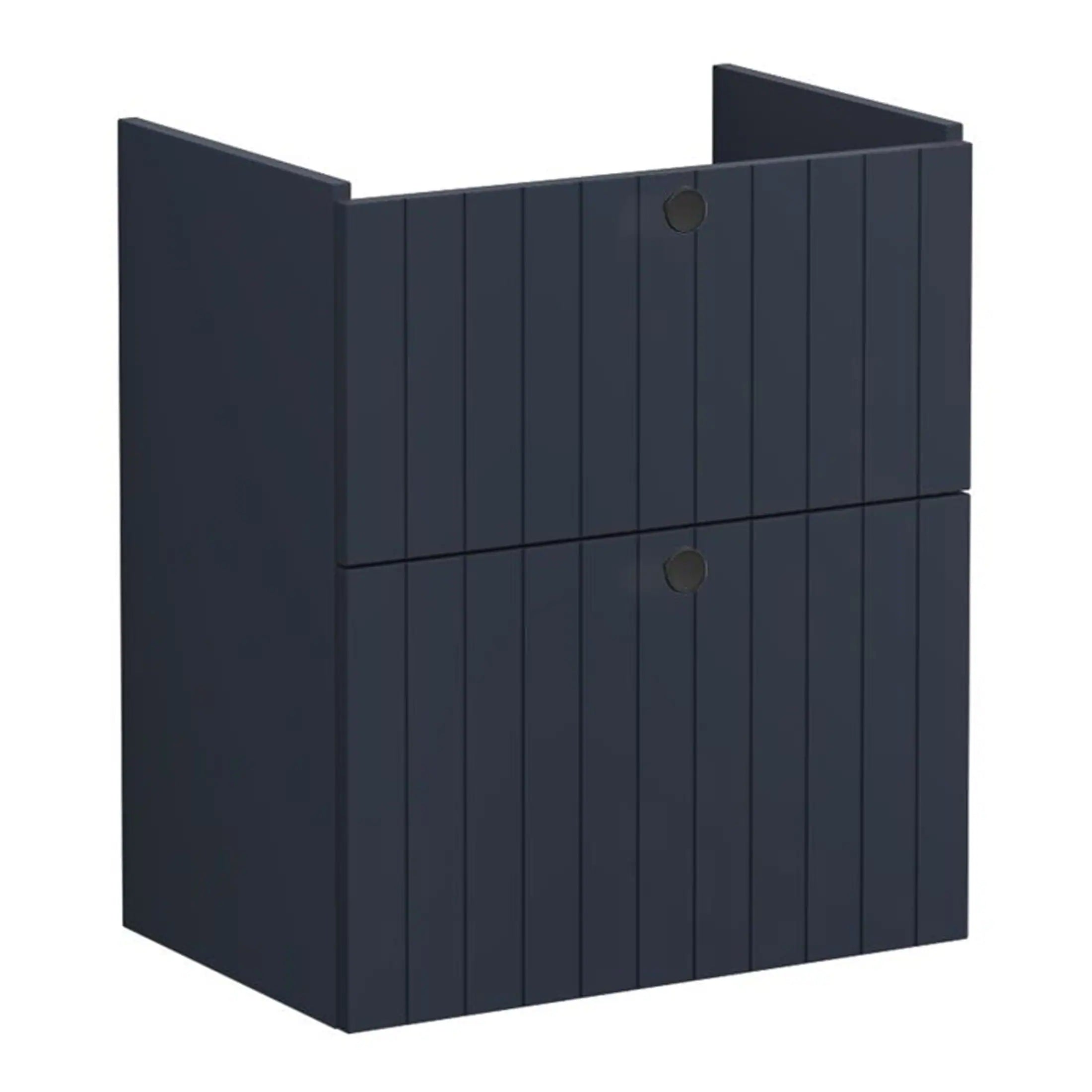 Elegant navy blue modern bathroom storage unit with vertical panel design, ideal for contemporary bathrooms, offering functional organisation for toiletries and essentials.