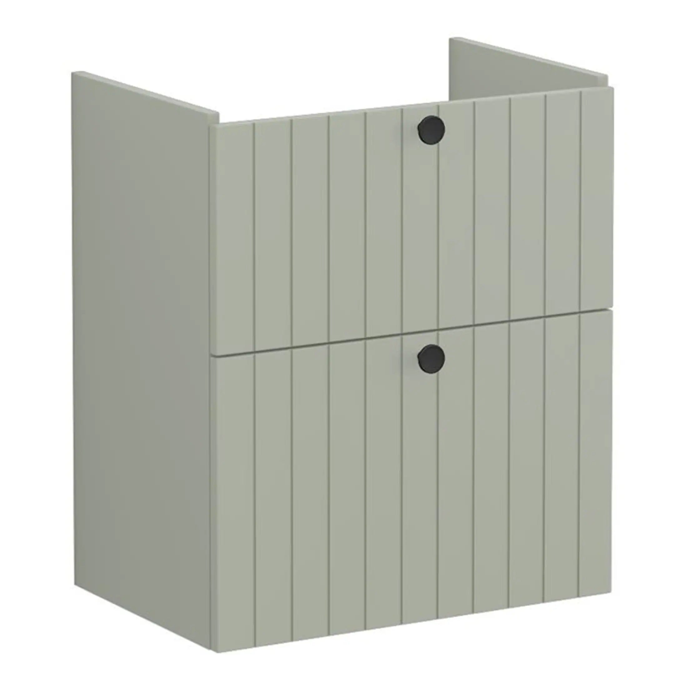 Stylish grey wooden bathroom storage cabinet with vertical slats, modern design, perfect for organising toiletries and towels in contemporary bathrooms.