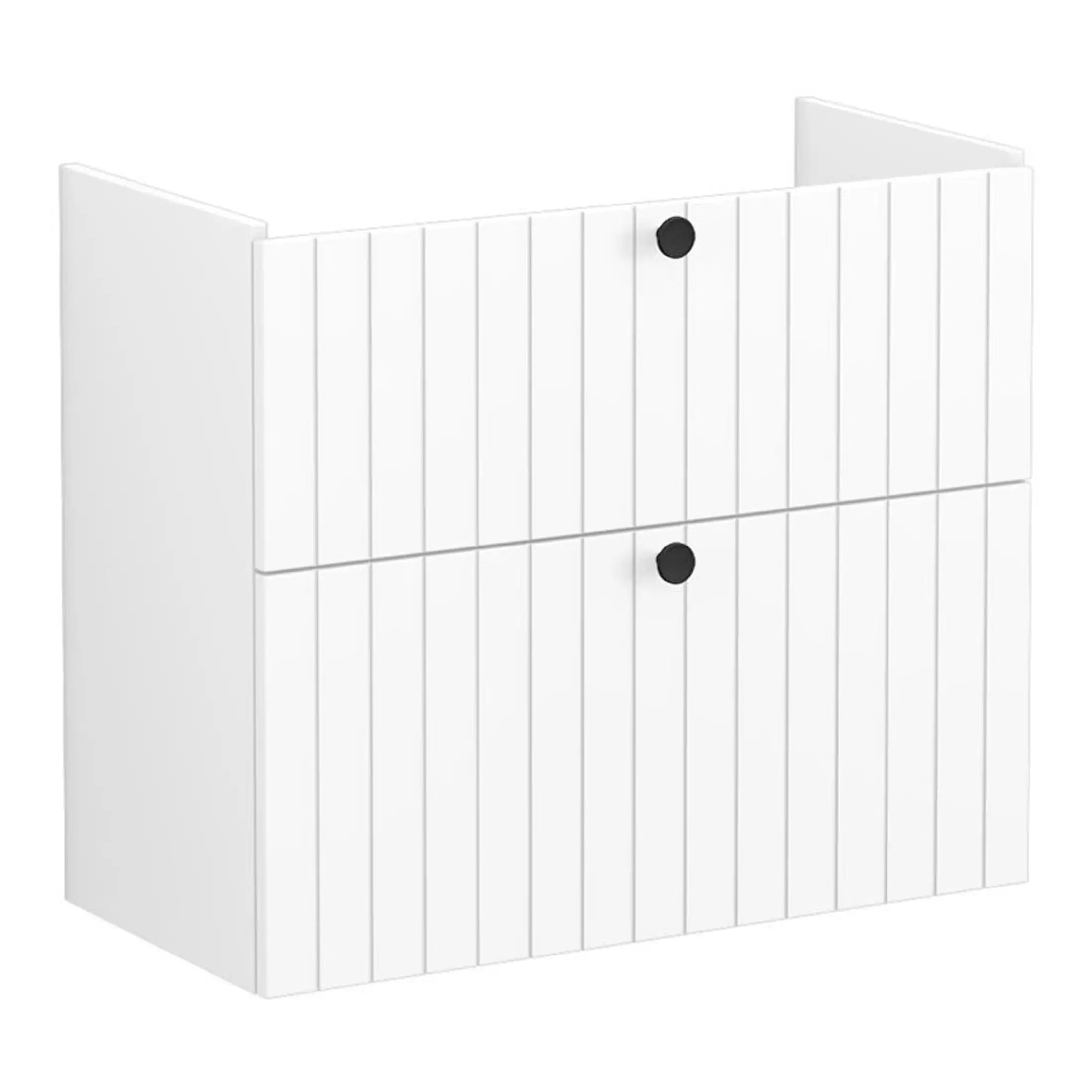 White modern bathroom cabinet with vertical panel design and black round knobs, ideal for contemporary bathroom storage solutions.