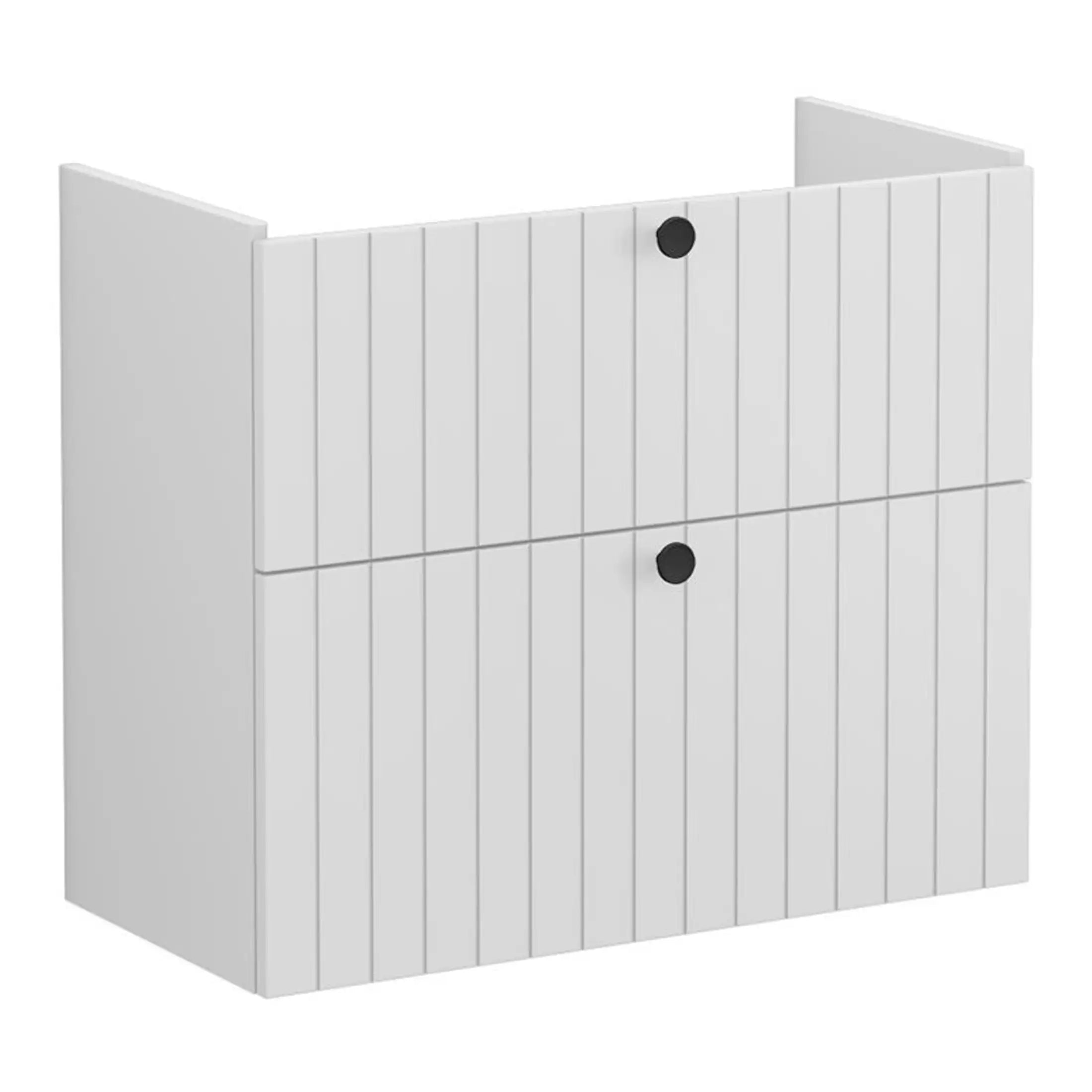 White wooden bathroom cabinet with black knobs, ideal for modern bathroom storage solutions. Perfect for hiding toiletries and creating a sleek, minimalist bathroom aesthetic.