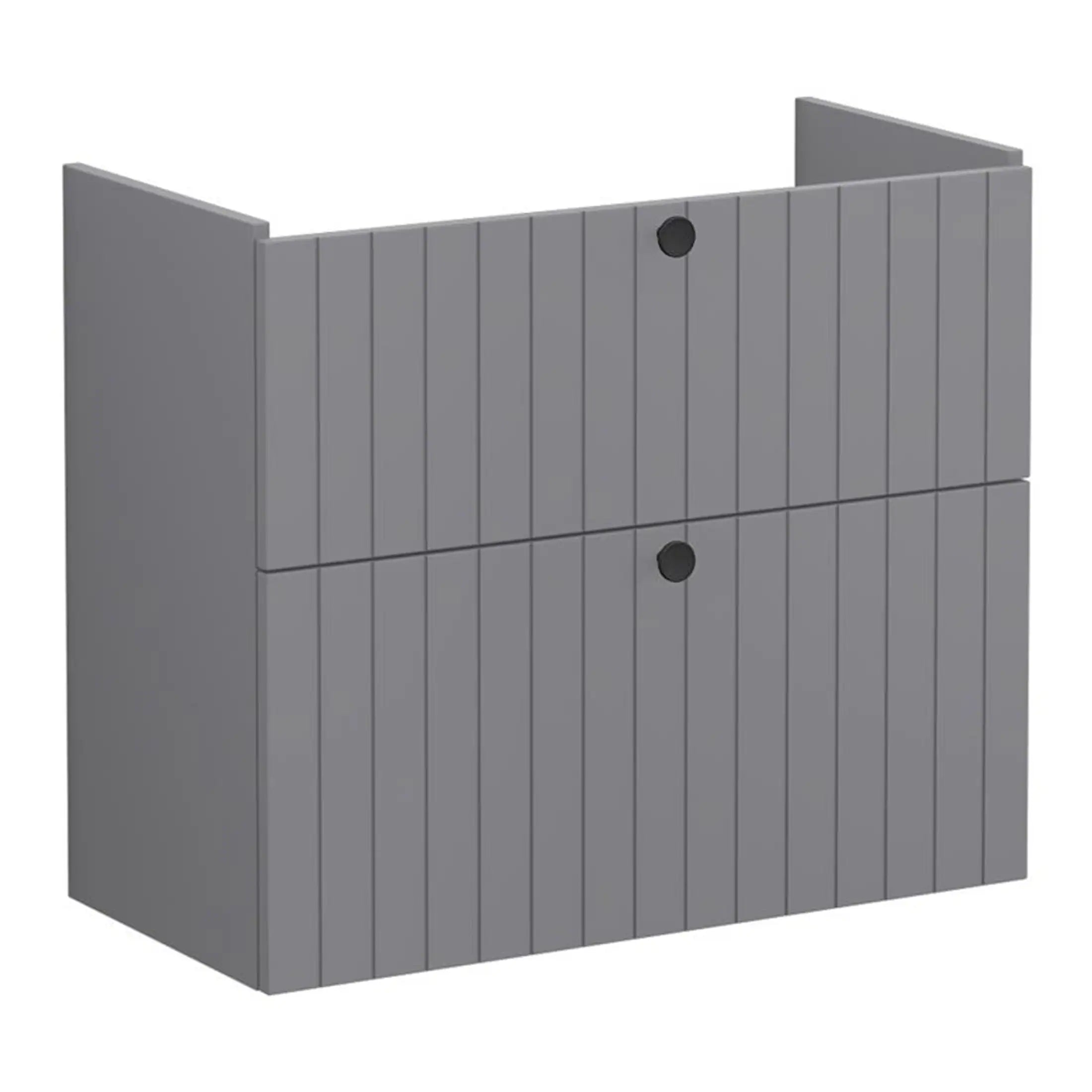 Contemporary grey bathroom storage cabinet with vertical slats and round black handles, perfect for modern bathrooms. Durable and stylish, ideal for towel and accessory organisation.