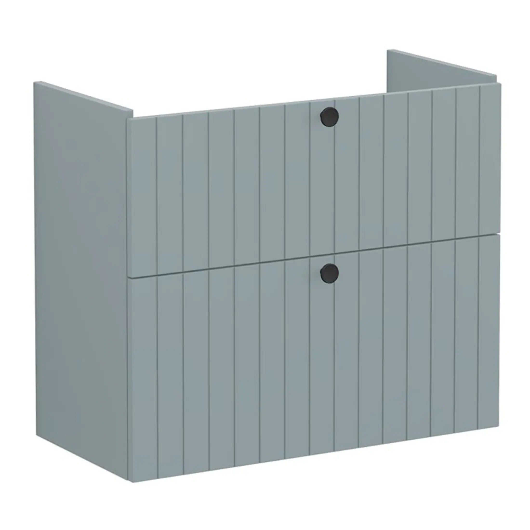 A modern bathroom cabinet in grey with horizontal slats and black circular handles, ideal for stylish storage solutions in contemporary bathrooms.