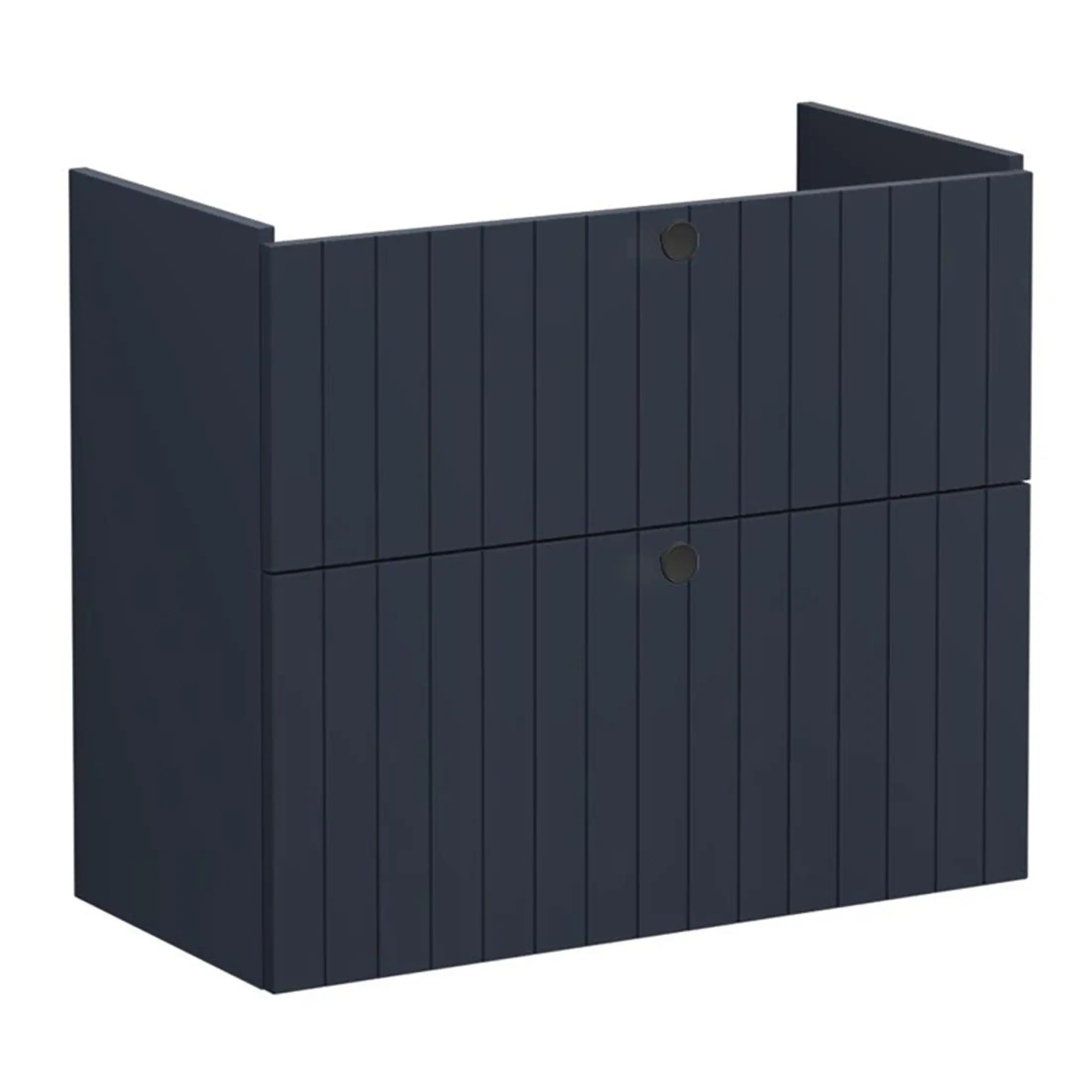 Modern navy blue bathroom storage cabinet with vertical grooved panels and two drawers, ideal for stylish bathroom organisation and space-saving solutions.