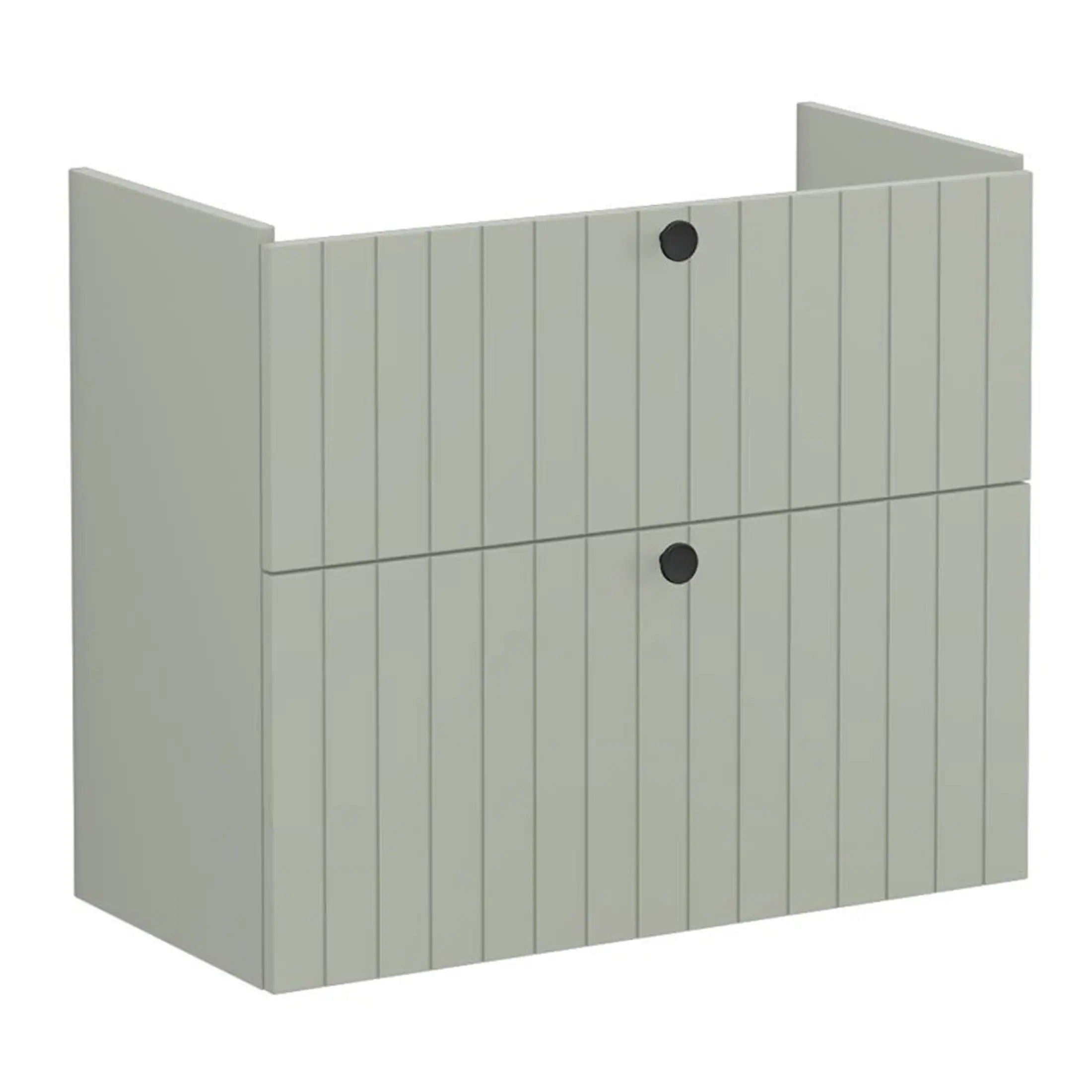 Stylish beige bathroom storage cabinet with vertical panel design and black circular handles, perfect for organisation and modern bathroom decor.