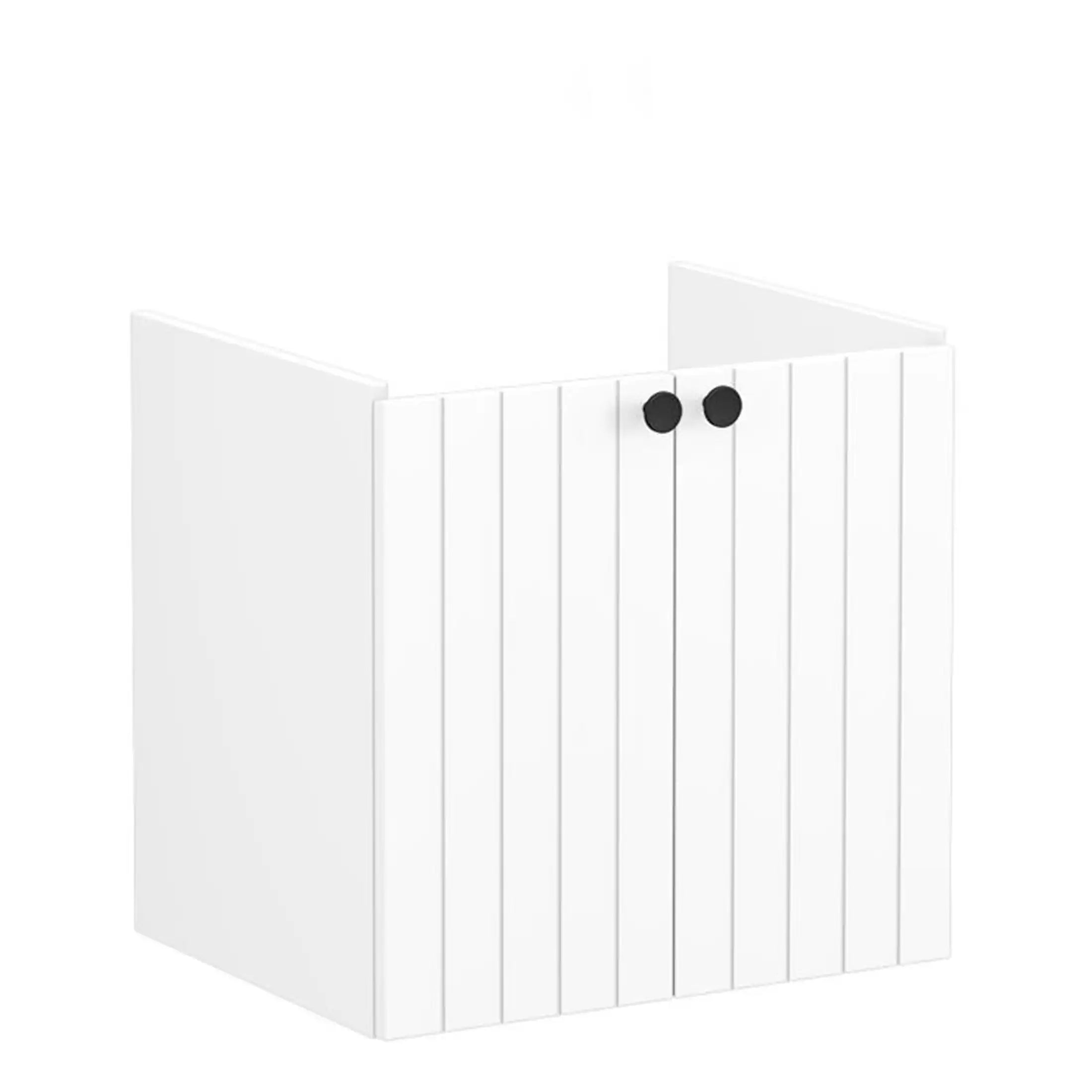 White modern bathroom cabinet with black circular handles, minimalist design for stylish bathroom storage solutions.