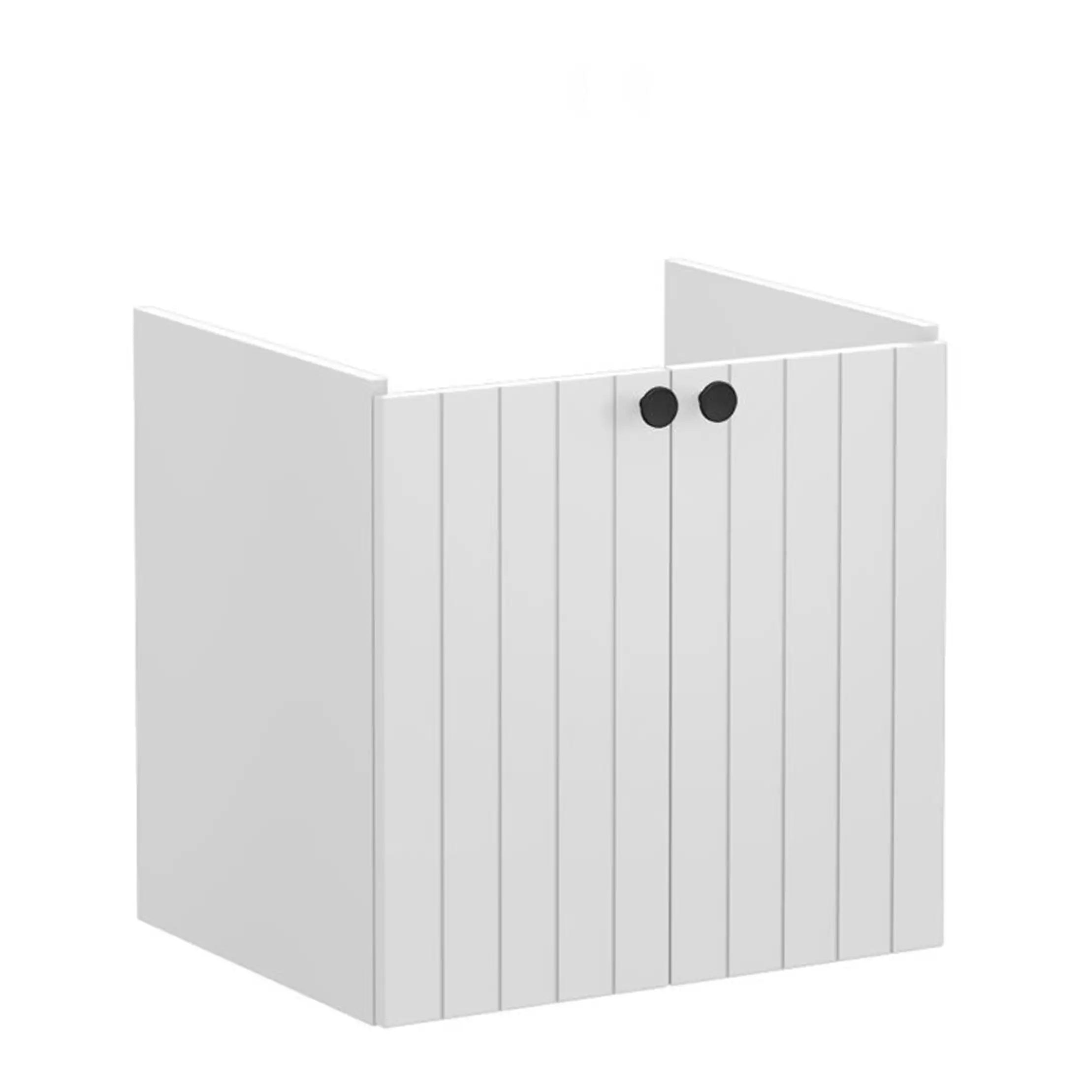 Modern white bathroom vanity unit with vertical panel detailing and black round knobs, ideal for contemporary bathroom storage solutions.