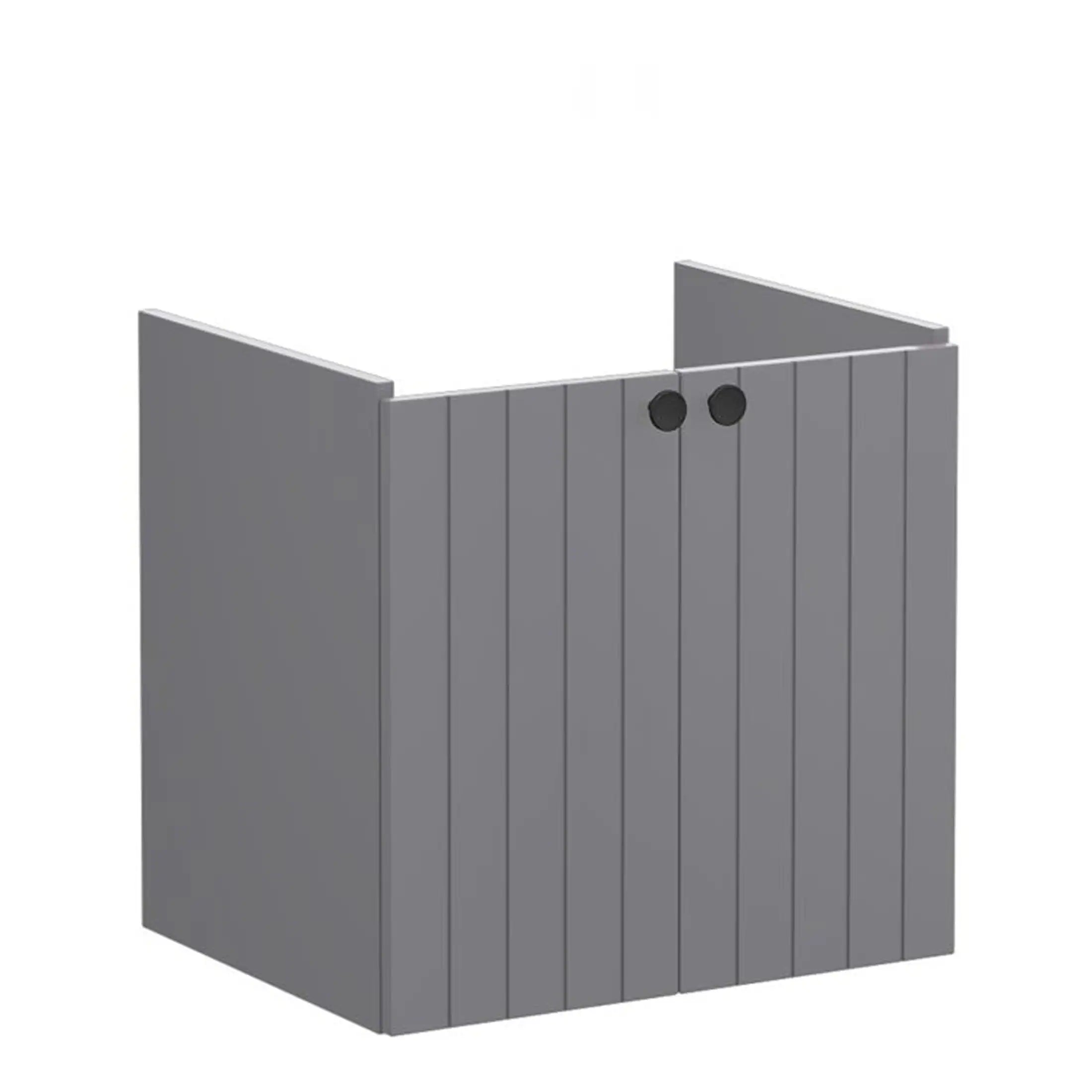 Grey wooden bathroom panel with adjustable mounting brackets for stylish and modern bathroom renovation. Ideal for creating a sleek, contemporary bathroom look.