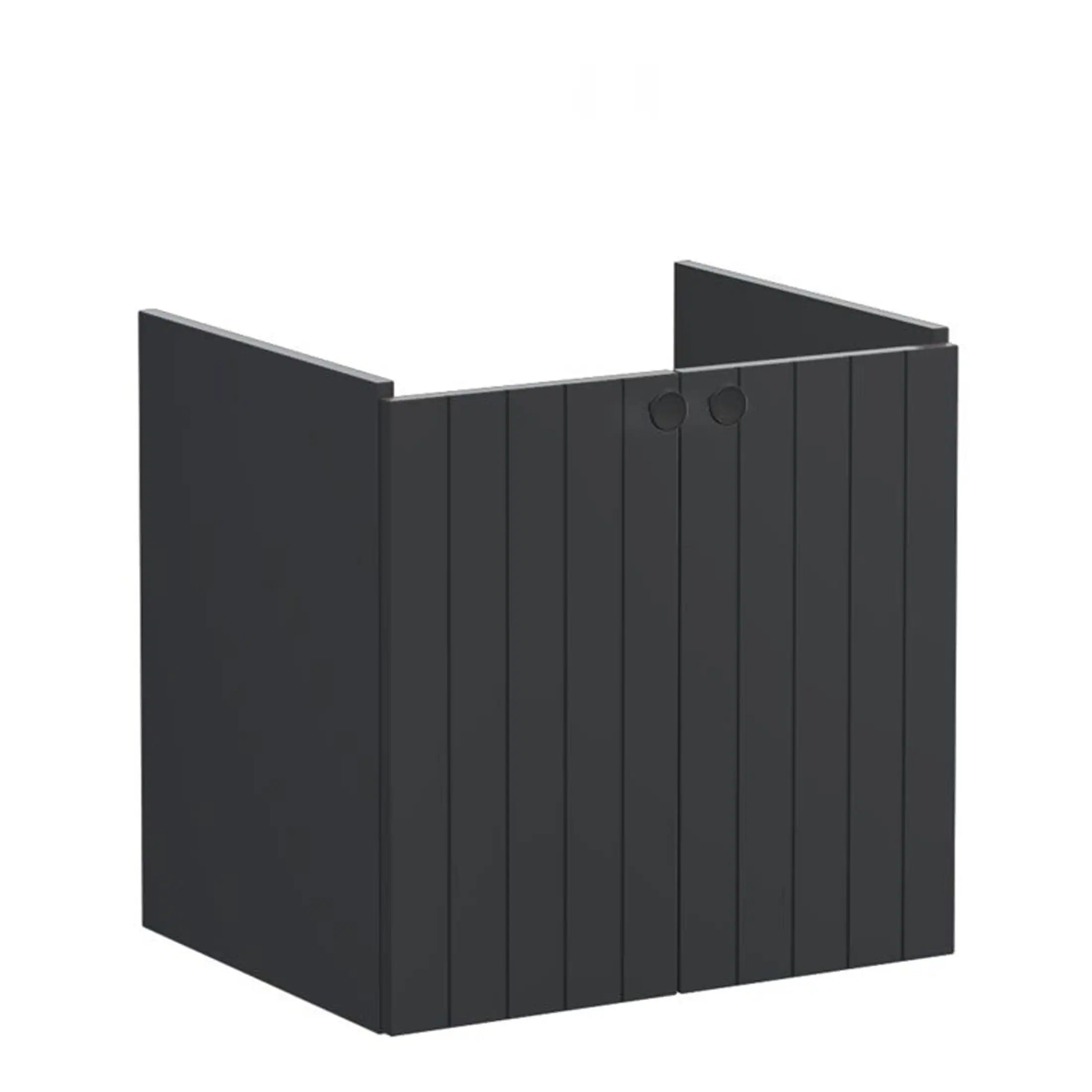 Black wooden outdoor shower enclosure with vertical slats and round access holes, ideal for modern garden or poolside bathrooms.