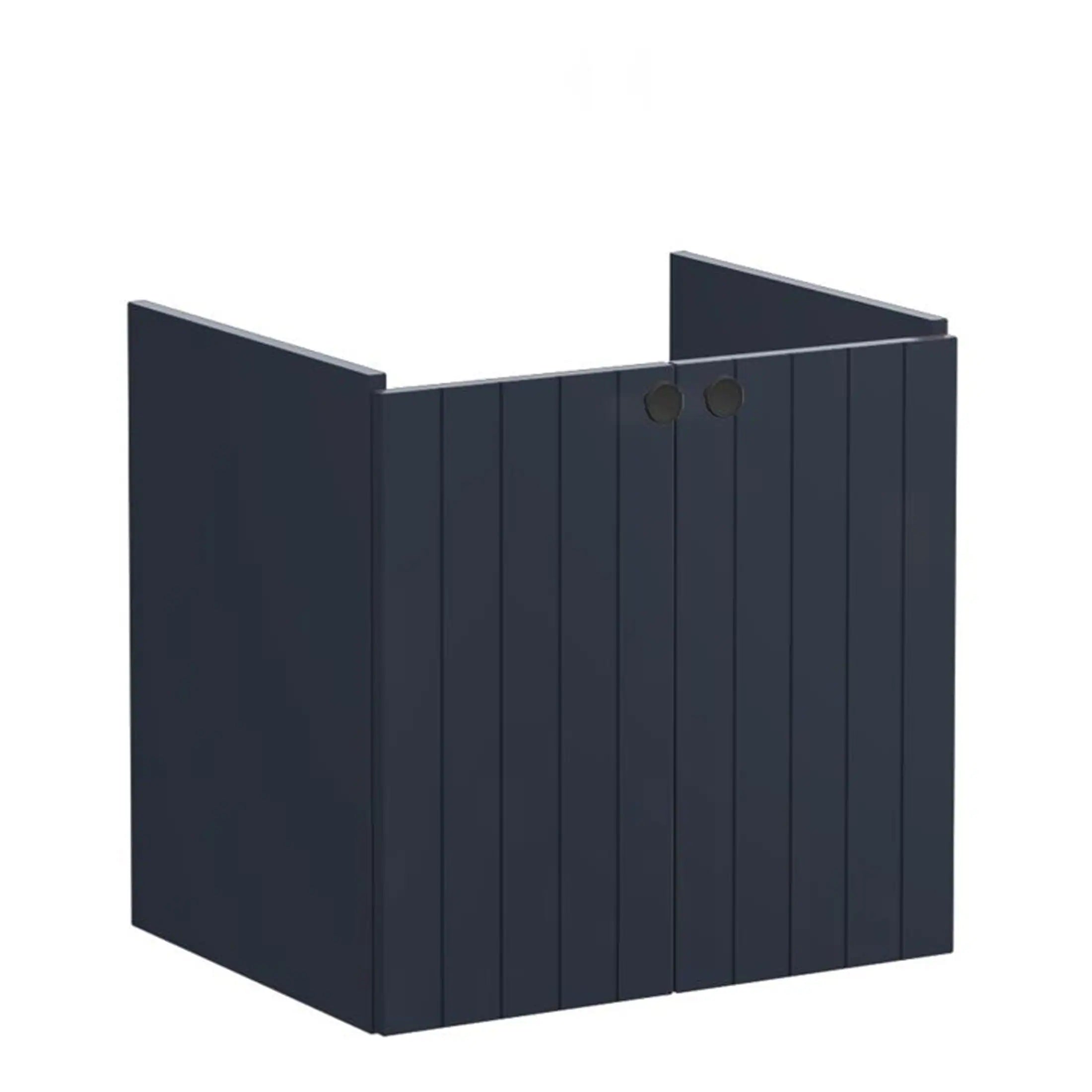 Contemporary navy blue garden storage cabinet with vertical slat design and double doors for outdoor bathroom and garden storage solutions.