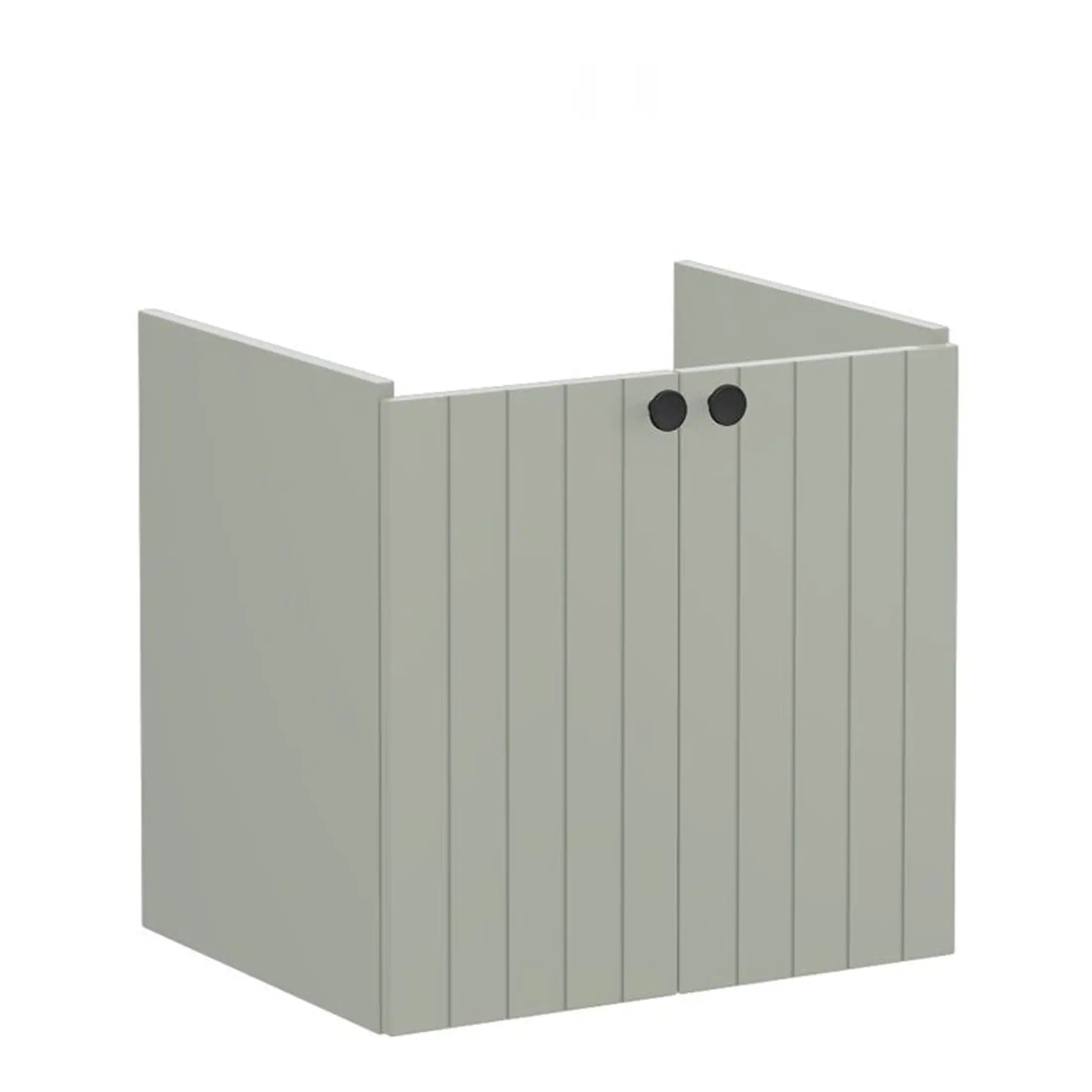 Modern grey bathroom vanity cabinet with vertical wooden slats and black knob handles, perfect for contemporary bathroom storage solutions.