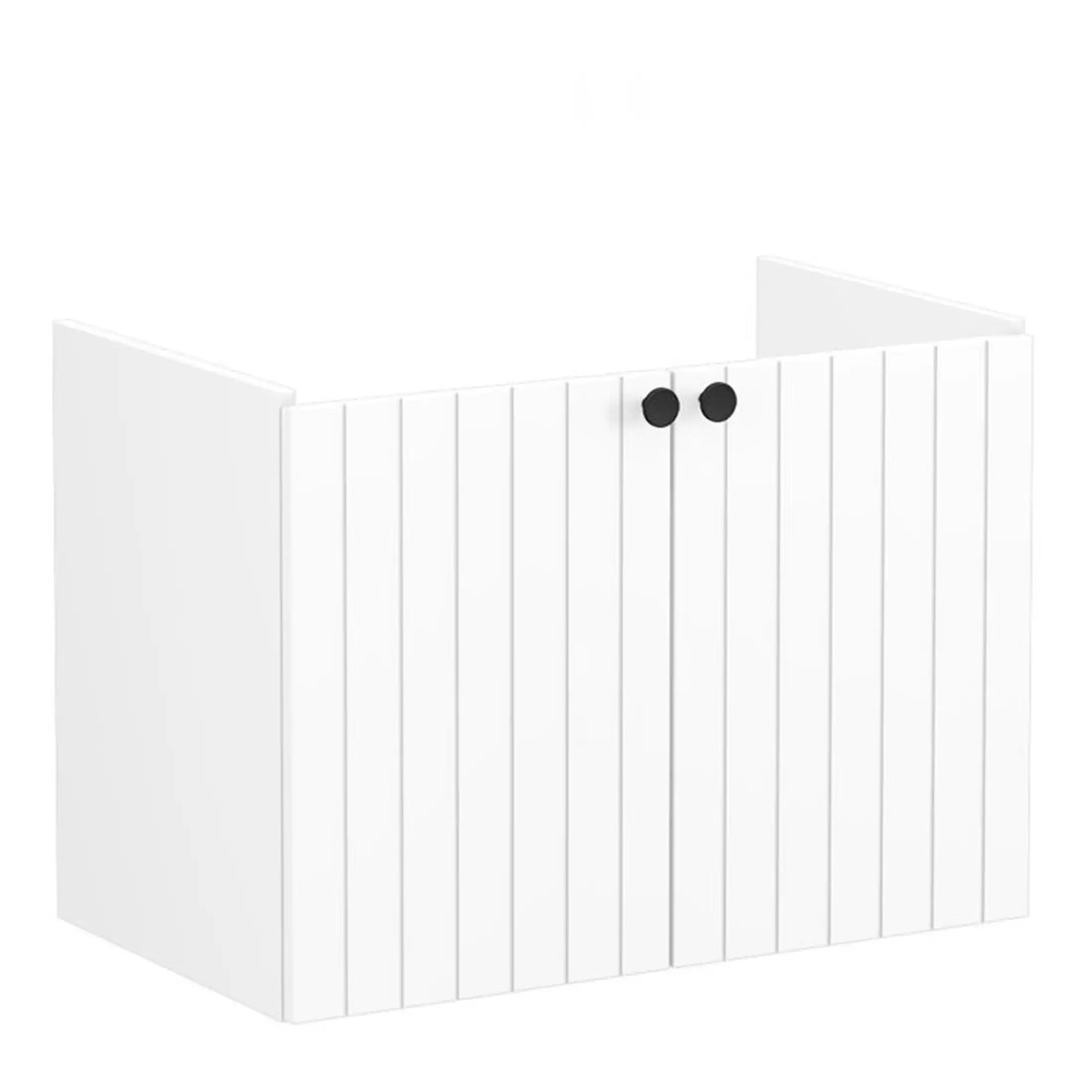 Modern white bathroom radiator with vertical panel design and black control knobs, ideal for contemporary bathroom heating solutions. Perfect for enhancing bathroom aesthetics and warmth.