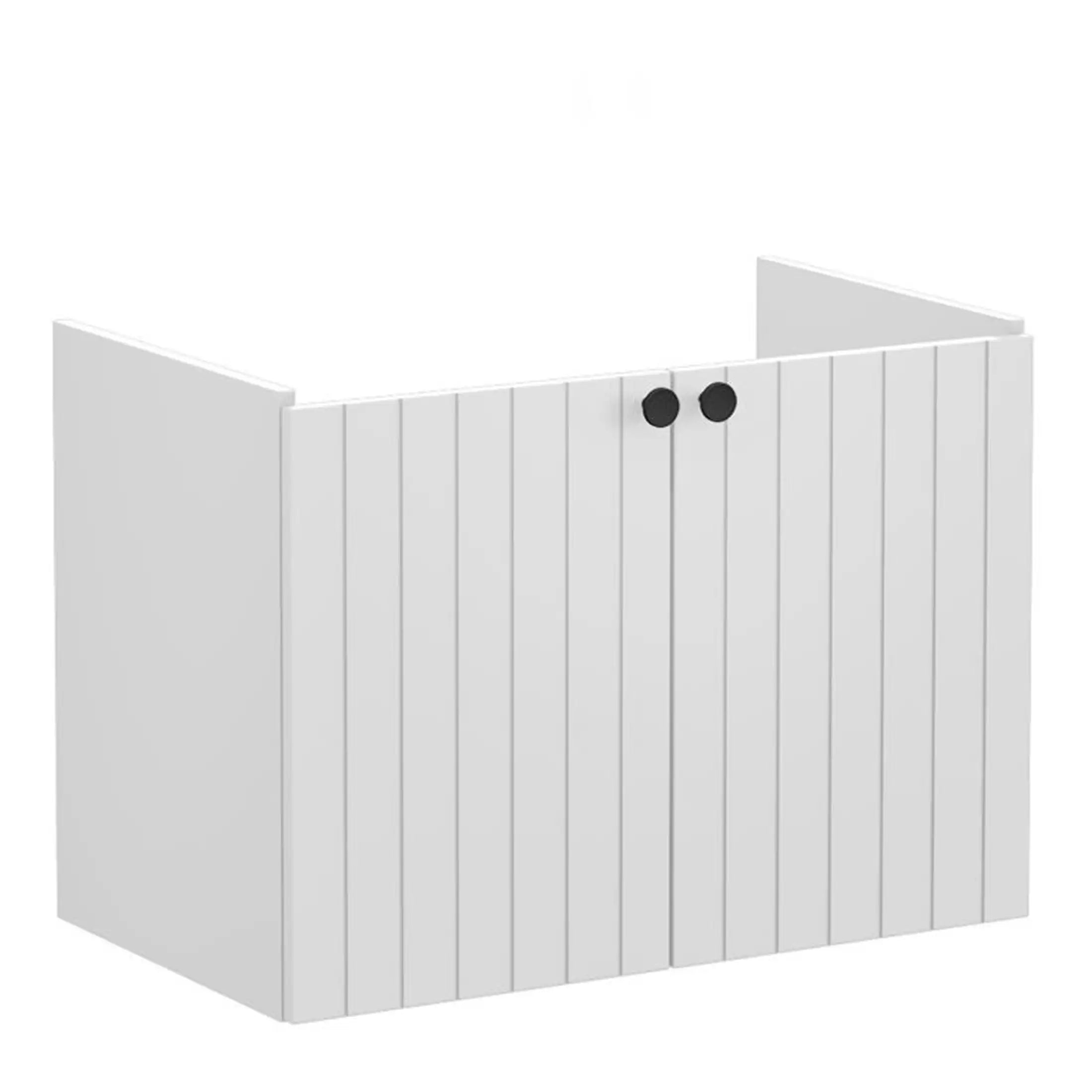 Modern white bathroom vanity unit with vertical panelled doors and black round handles, ideal for contemporary bathroom storage solutions.