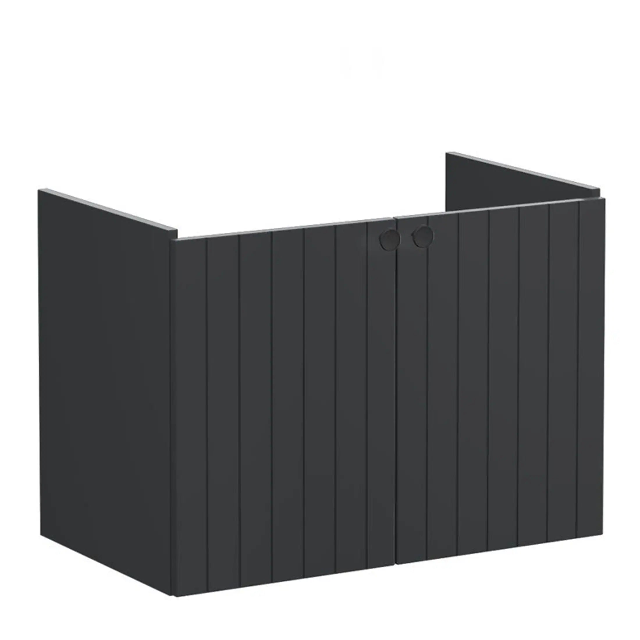Stylish black bathroom cabinet with vertical slats and round handles, perfect for modern bathroom storage and organisation. Durable and sleek design for contemporary bathroom interiors.