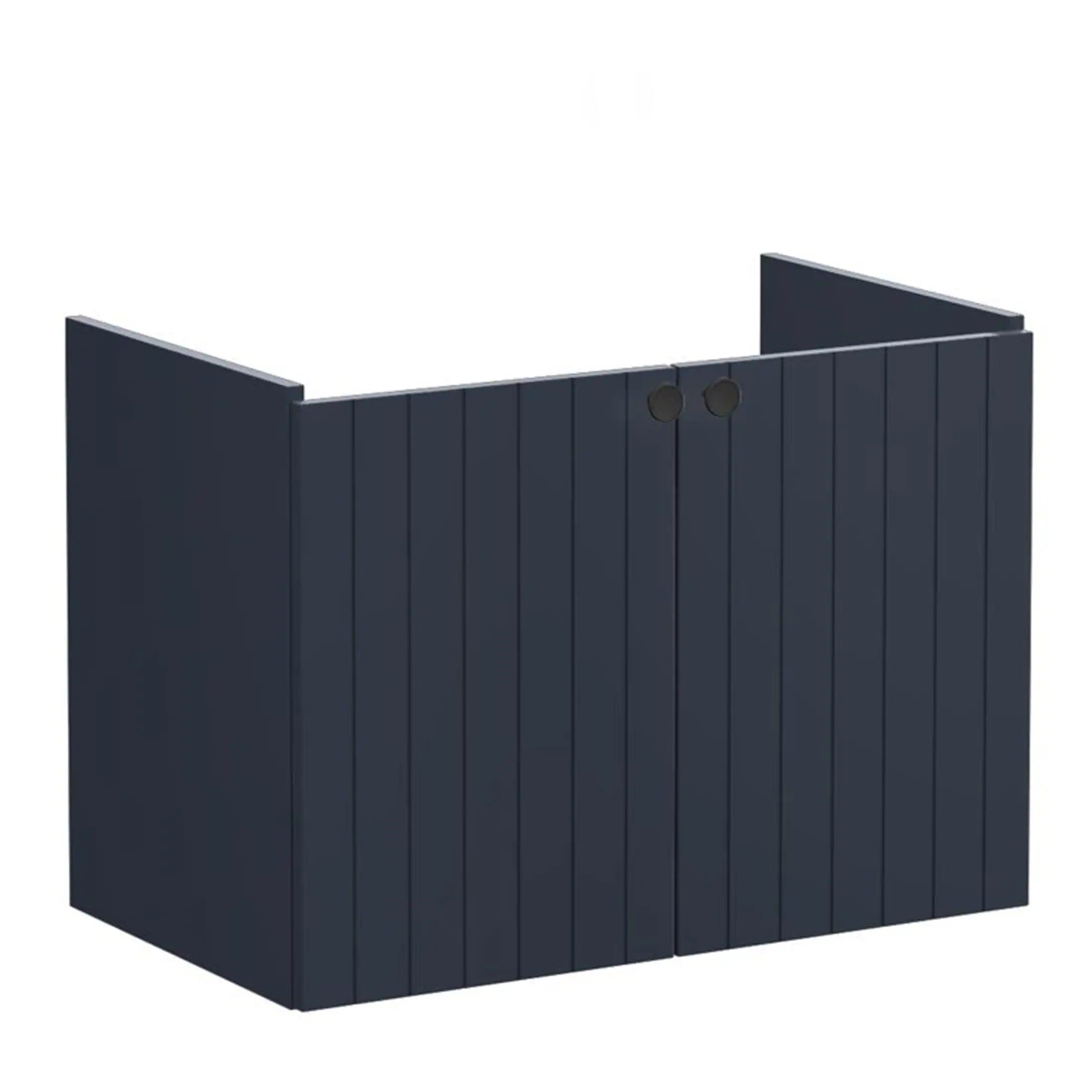 Contemporary navy outdoor garden storage unit with vertical panel design and double doors, ideal for bathroom or patio organisation.
