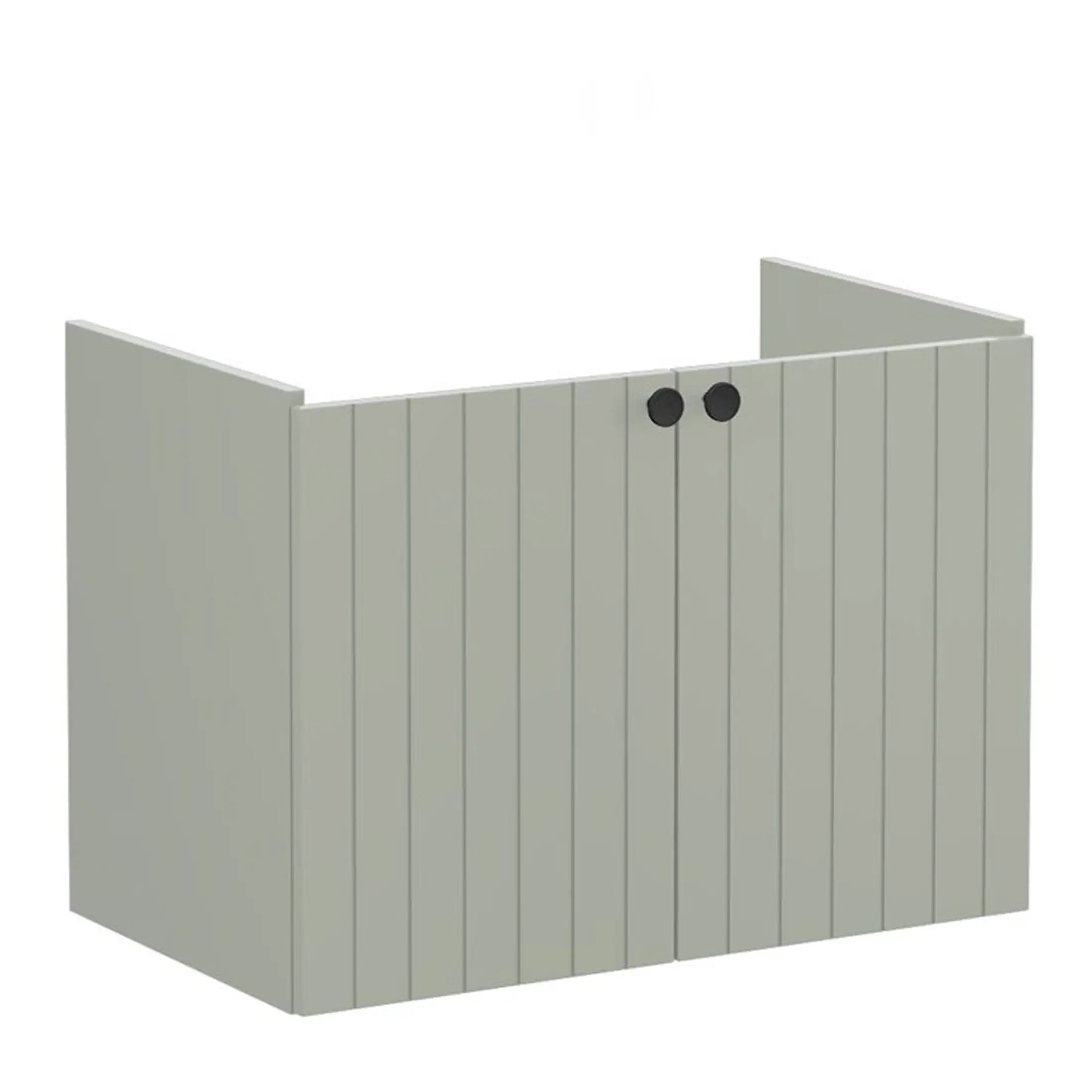 Smooth grey bathroom cabinet with vertical panel design and black circular handles, perfect for modern bathroom storage solutions.