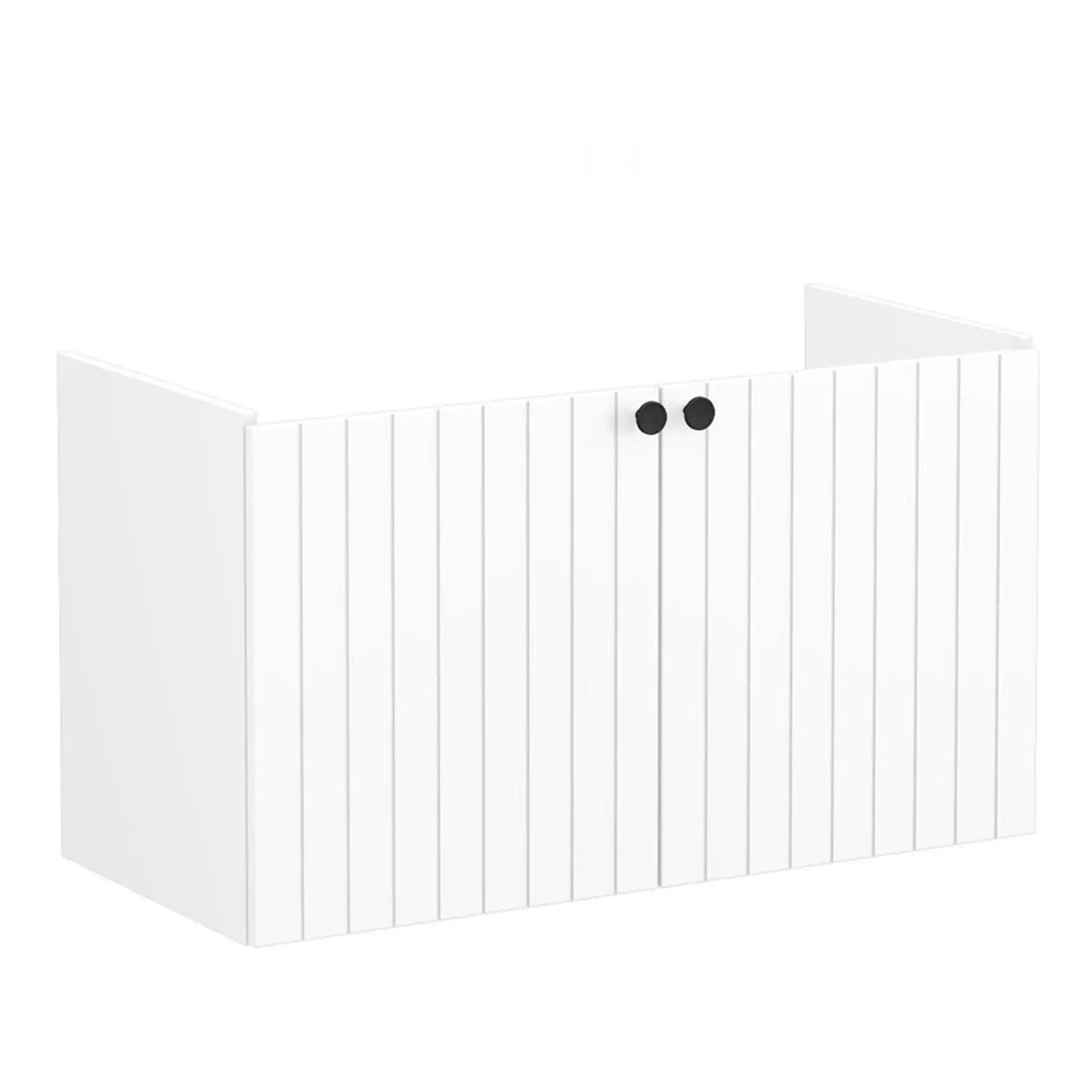 White wooden bathroom cabinet with vertical panel detail and black round handles, ideal for modern bathroom storage solutions.