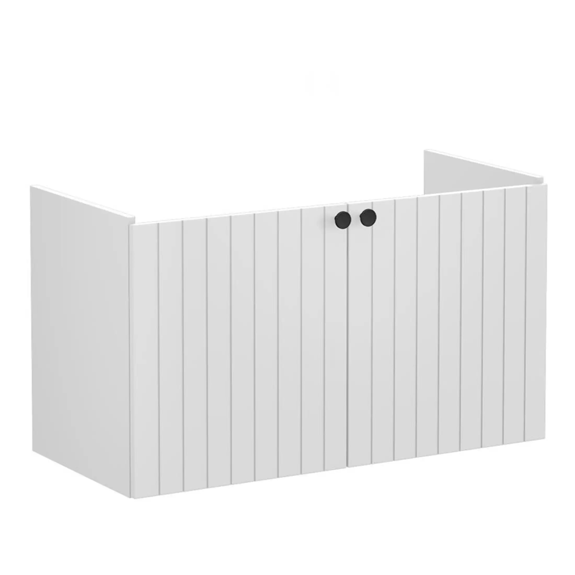 Modern white bathroom cabinet with vertical slat detailing and black round handles, ideal for stylish bathroom storage solutions.