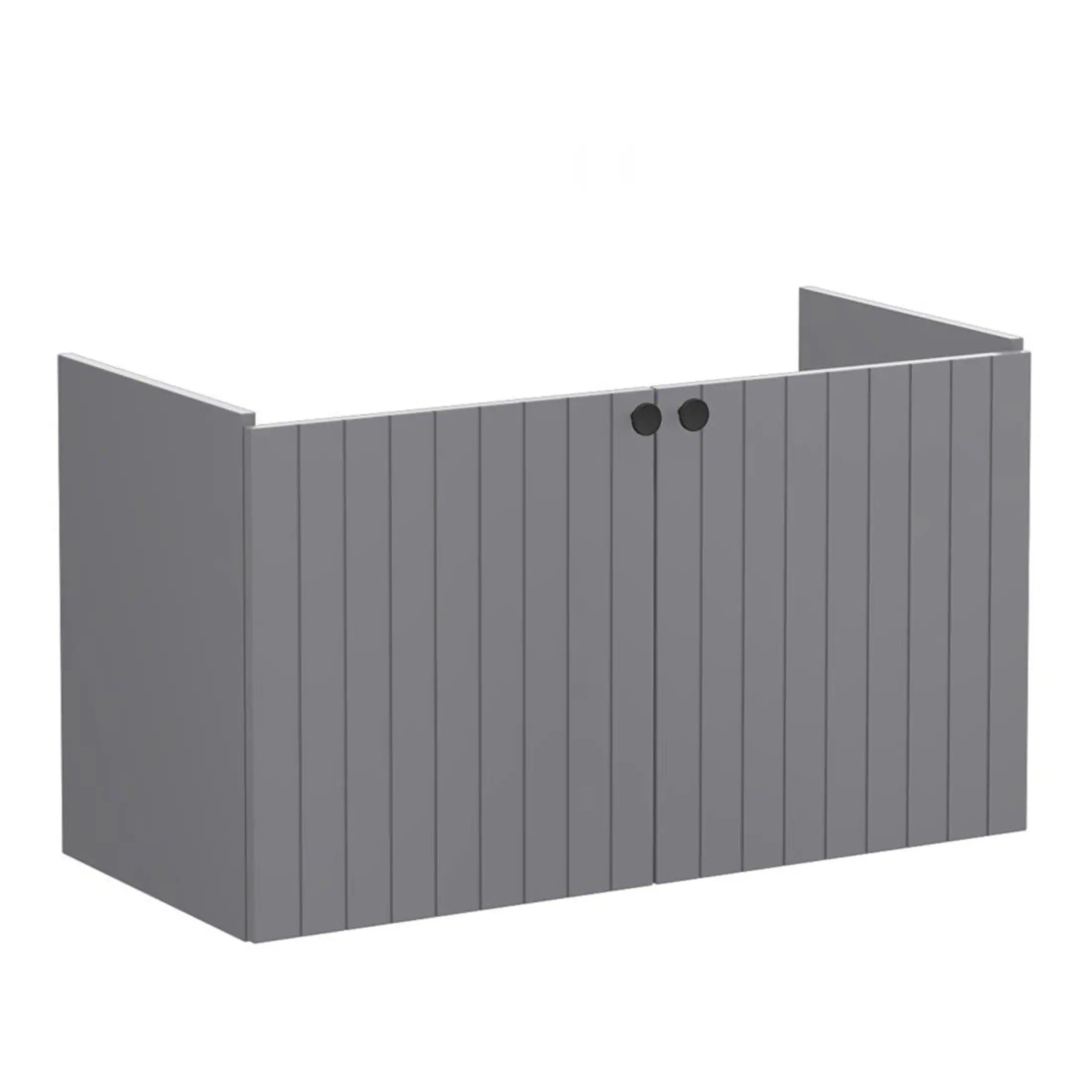 Grey outdoor bathroom privacy screen with vertical wood panels and black door handles for showers or changing areas. Perfect for modern garden bathrooms and outdoor hot tubs.