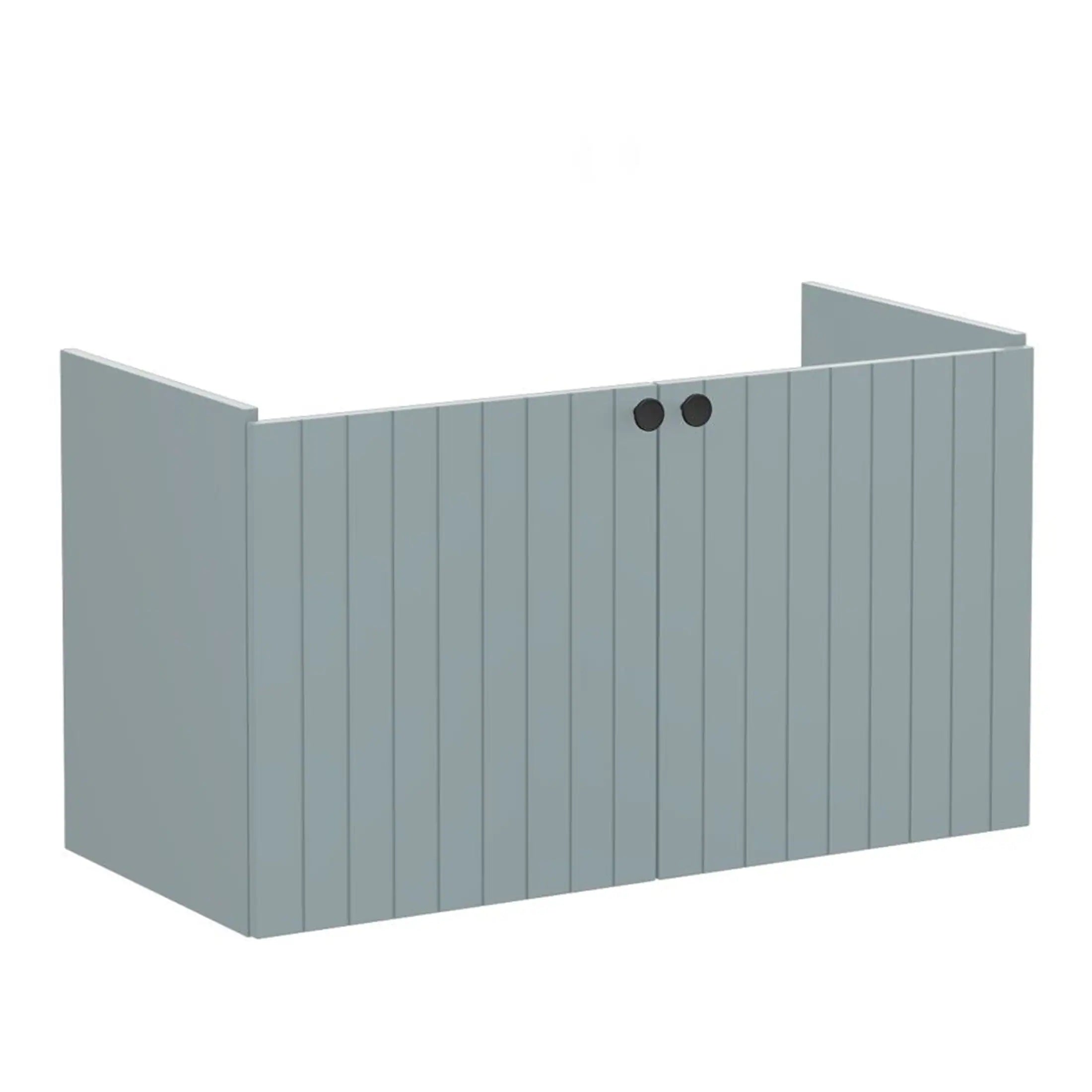 Panelled bathroom storage unit in light grey with black circular handles, ideal for organising bathroom essentials in a modern and stylish way. Perfect for contemporary bathroom designs.