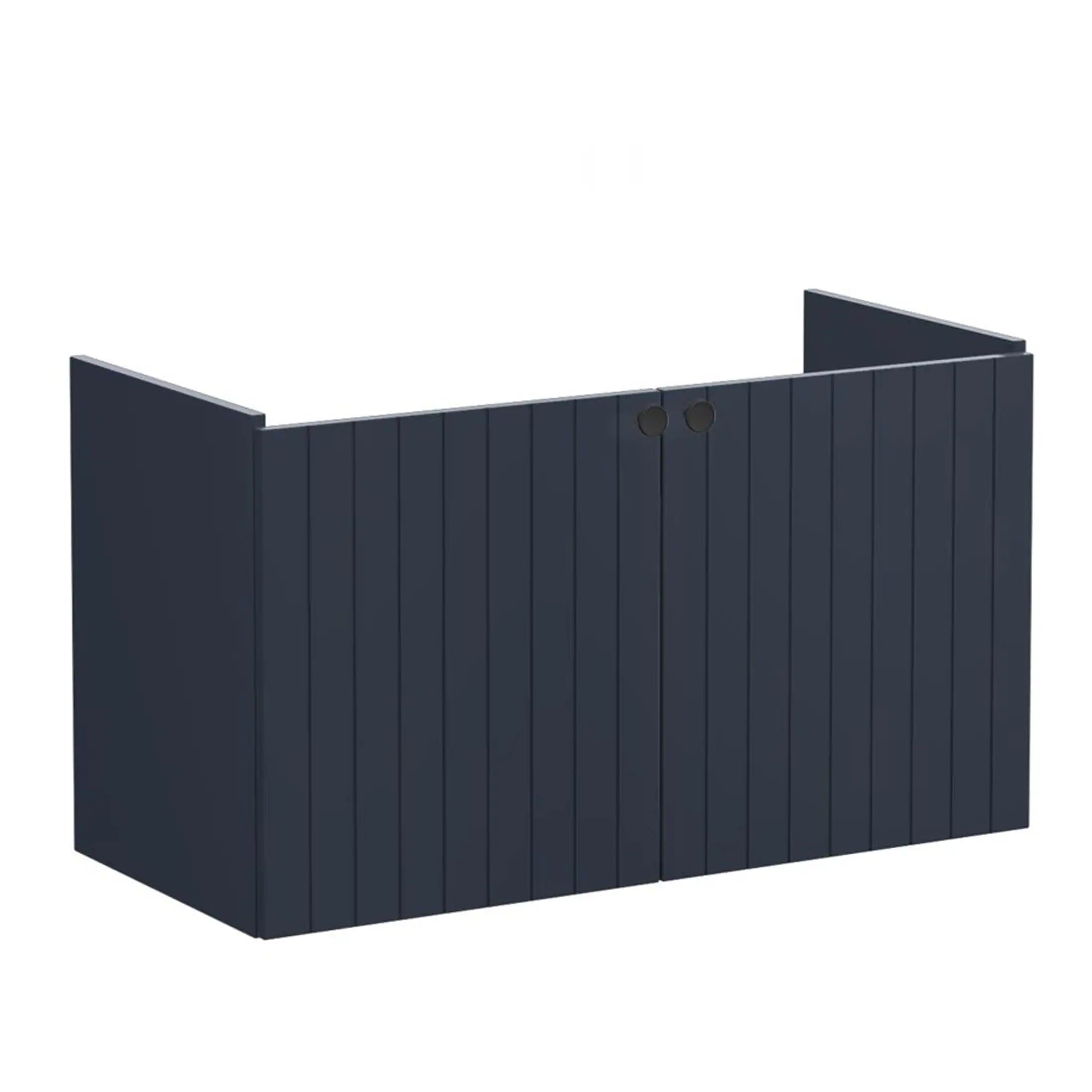 Modern navy blue outdoor bathroom storage cabinet with vertical slat design and double doors, ideal for garden or patio spaces. Perfect for stylish, weather-resistant bathroom storage solutions.