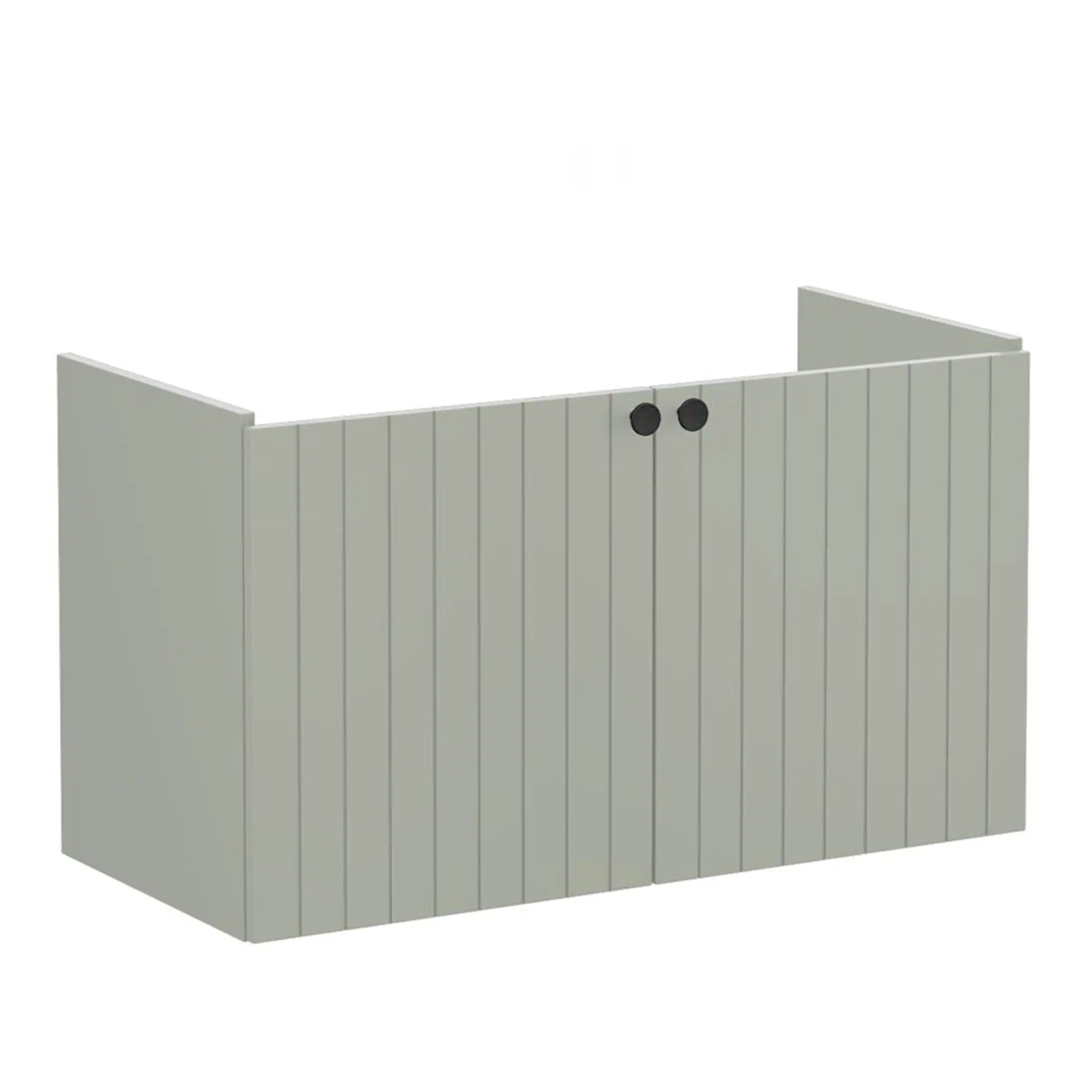 Wooden bathroom storage cabinet with vertical slats in light grey, designed for modern bathrooms, featuring black round handles and ample space for toiletries and towels.