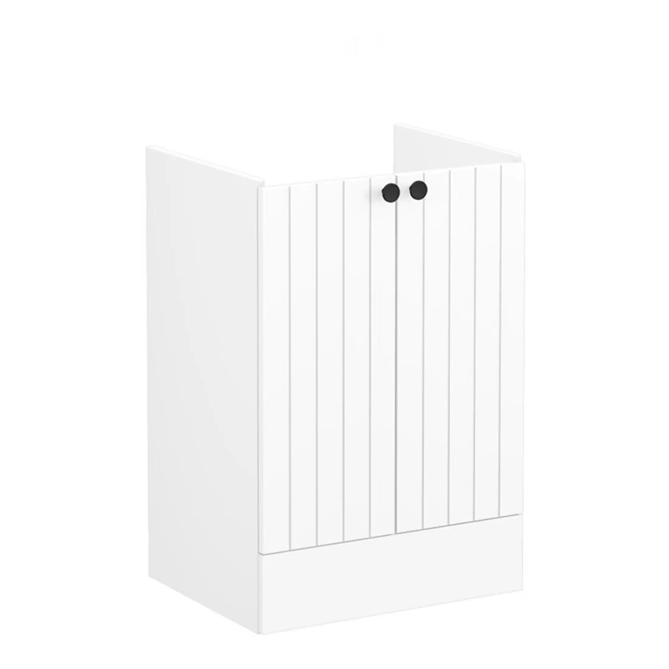 Sleek white bathroom cabinet with vertical panel design and black round handles, ideal for modern storage solutions in contemporary bathrooms.