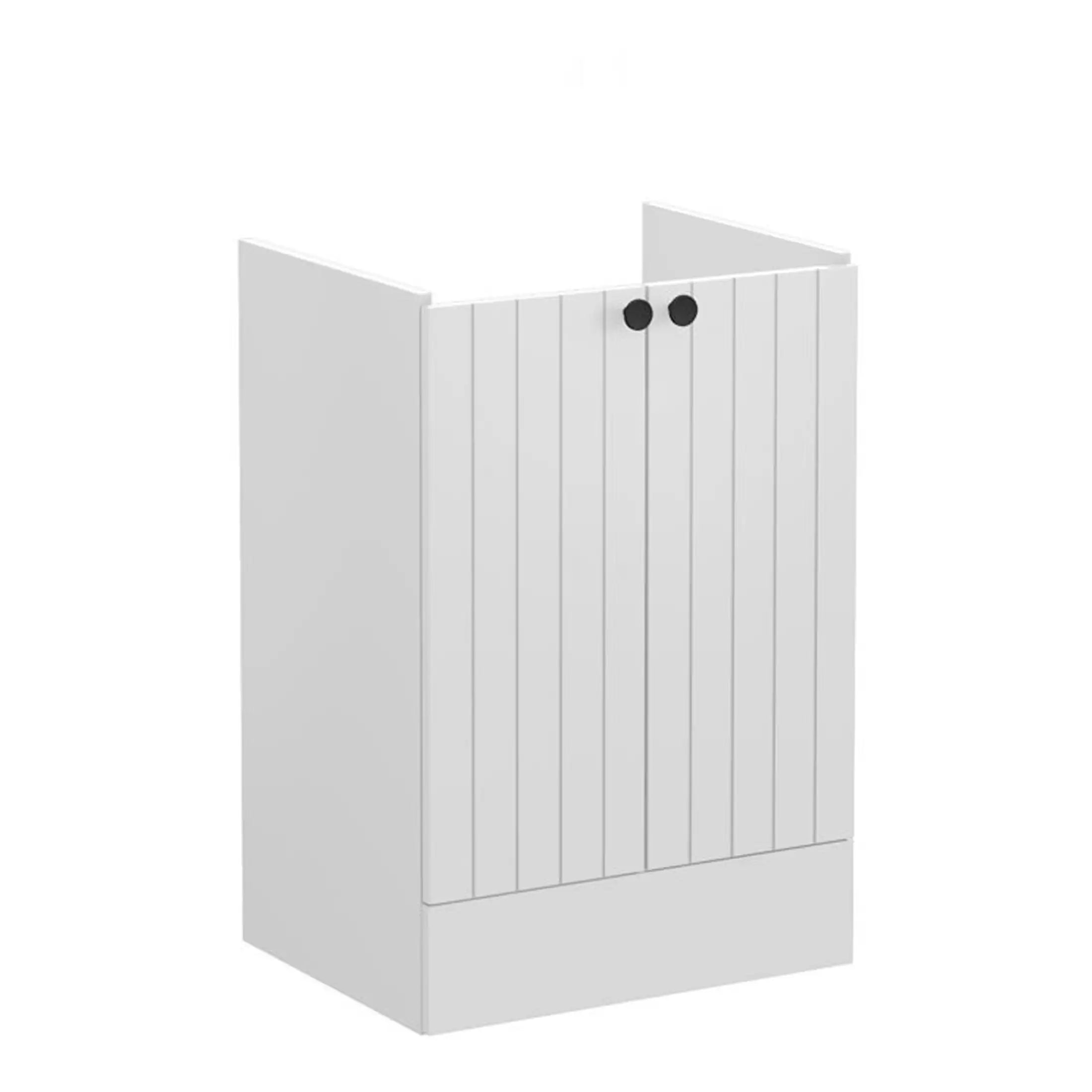 White wooden bathroom cabinet with vertical panel design and black circular door handles, ideal for modern bathroom storage solutions.