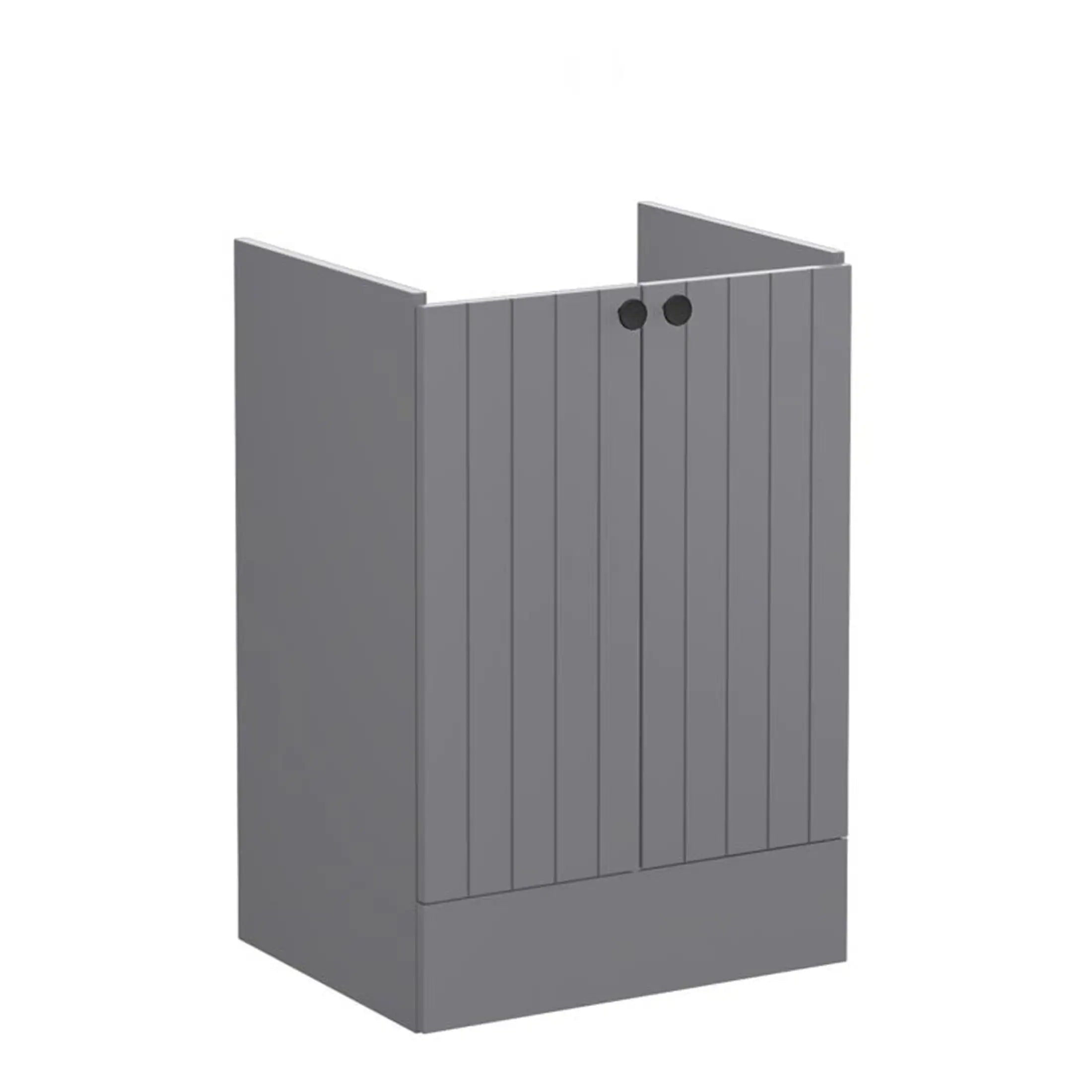 Modern grey wood-effect bathroom cabinet with sleek vertical slat design and black round handles. Perfect for stylish bathroom storage solutions.