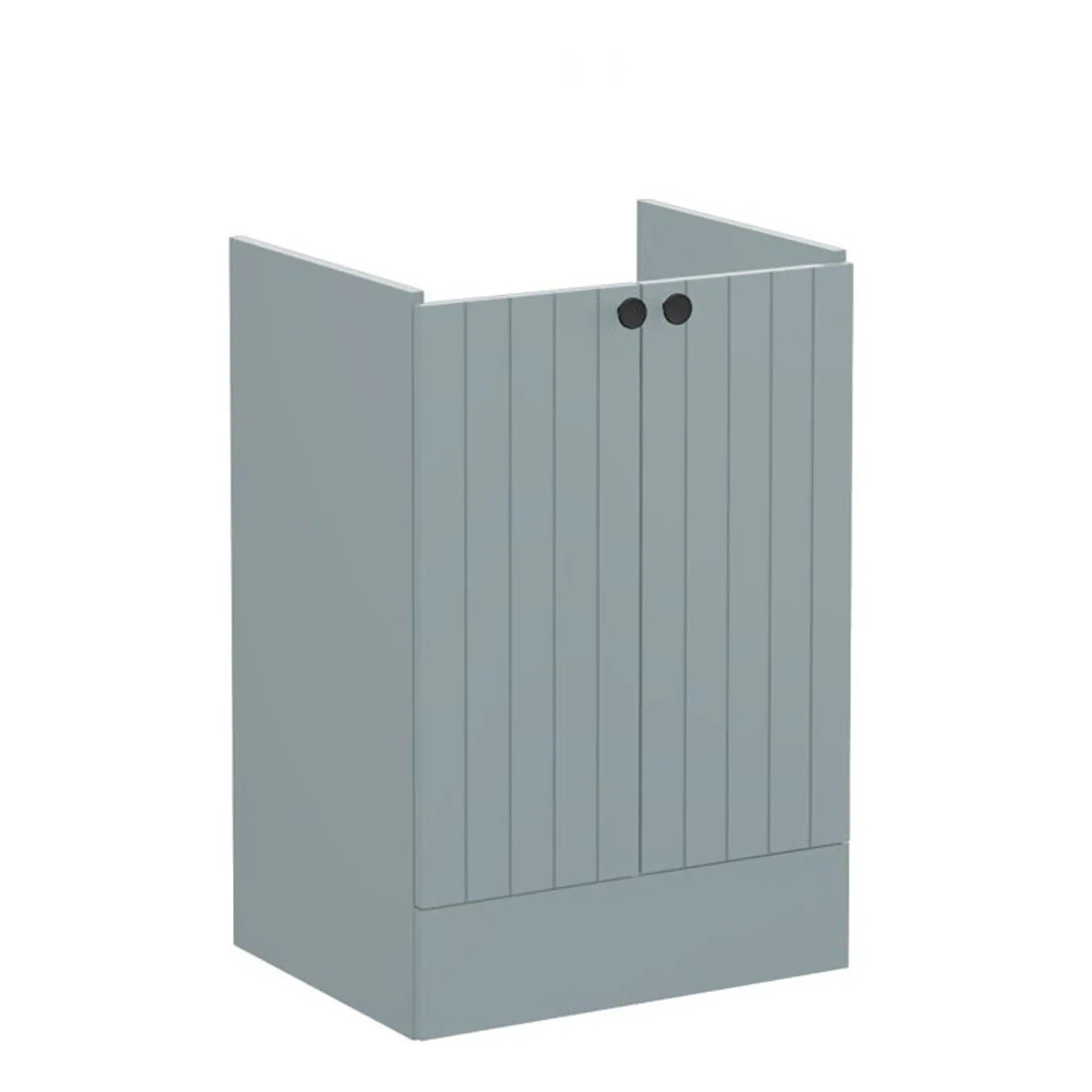 Foldable grey bathroom shower cubicle with wooden slat design and black handles, perfect for modern bathrooms and space-saving solutions.