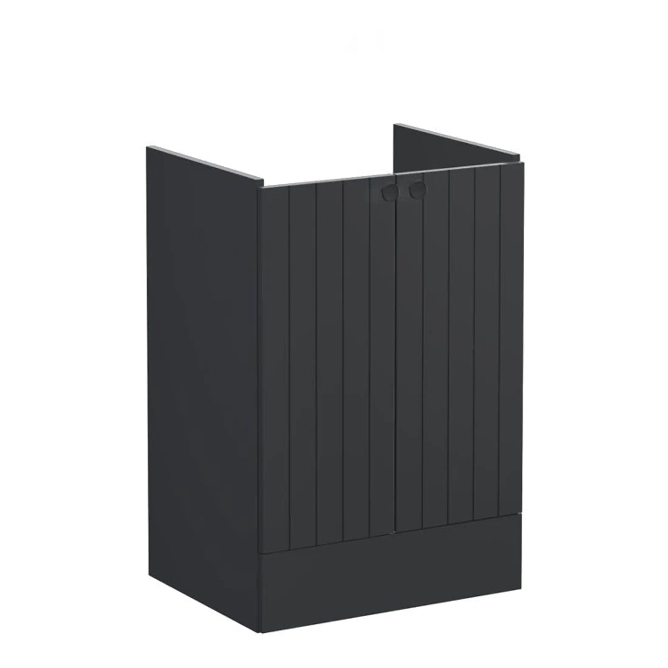 Luxurious black wooden bathroom vanity unit with vertical panel design, ideal for modern bathrooms, offering stylish storage solutions and enhancing your bathroom decor.