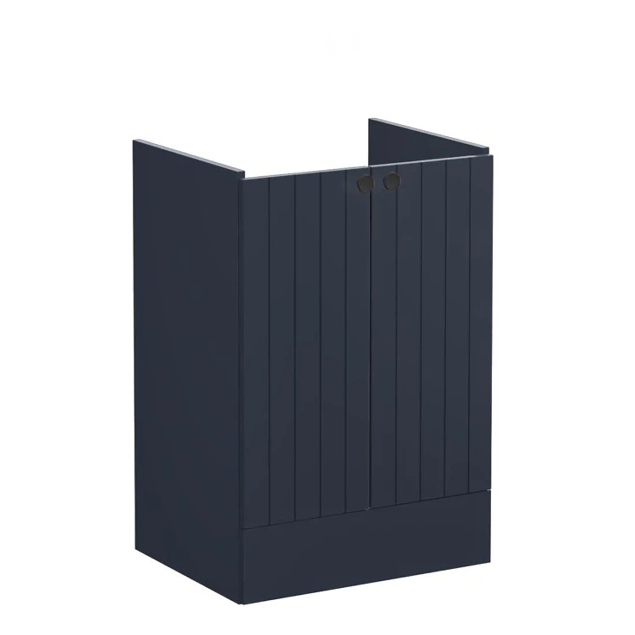 Stylish navy blue bathroom cabinet with vertical slat design, ideal storage solution for modern bathrooms, crafted from durable materials for a sleek, functional look.