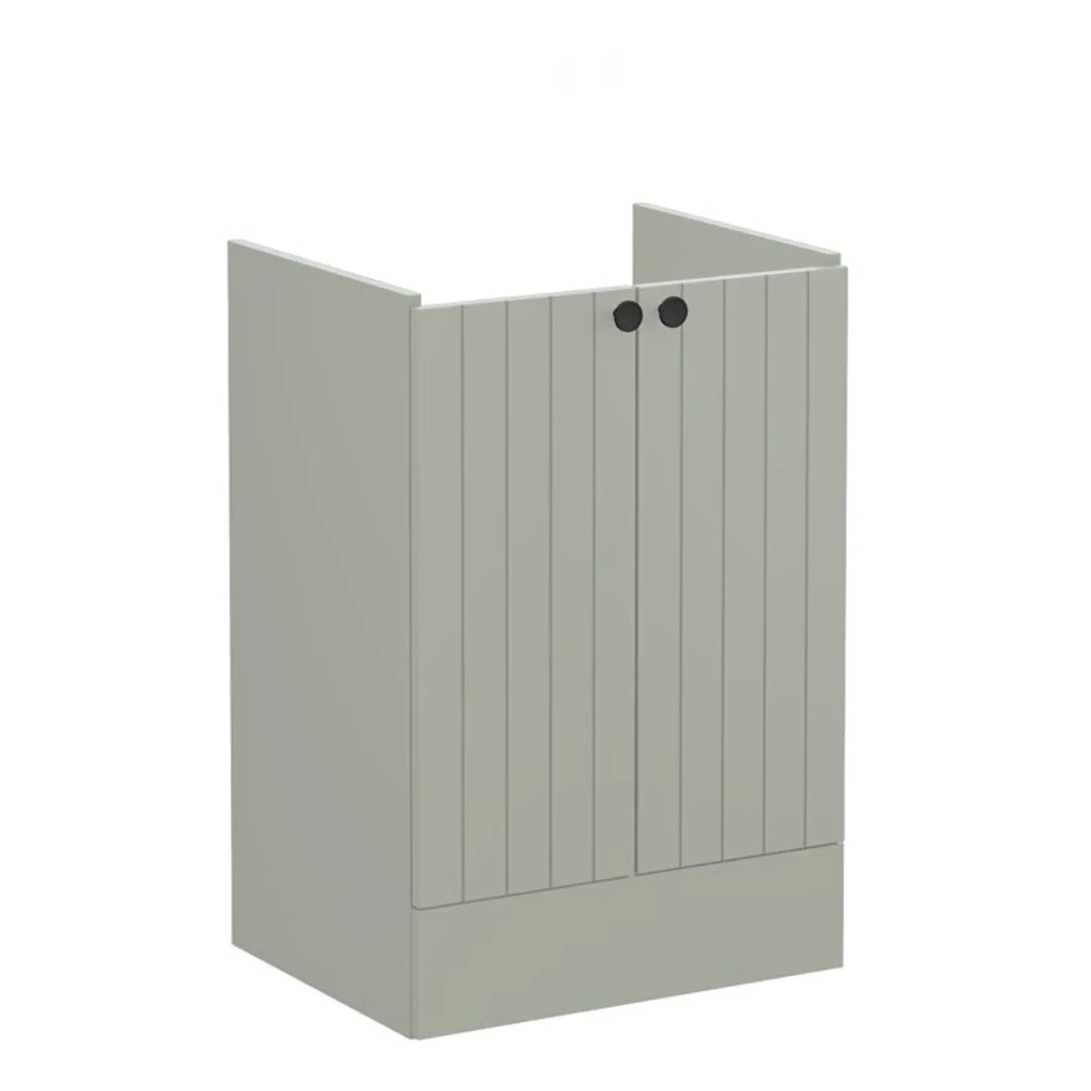 Light grey bathroom panel with vertical slats and black round handles, designed for modern and functional bathroom decor.